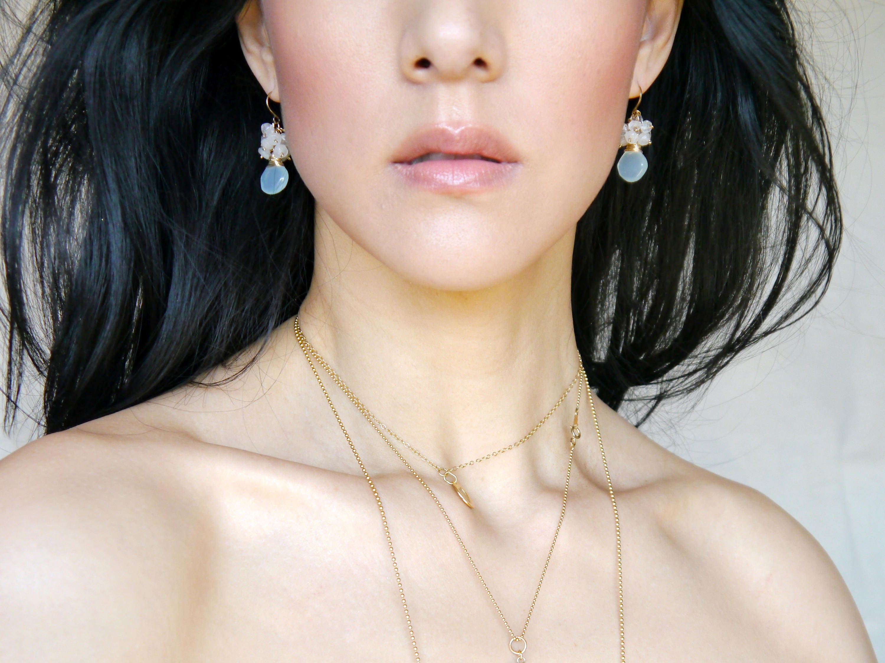 Aqua Chalcedony Rose Quartz Cluster Gemstone Earrings, 14K Gold Filled Romantic Style