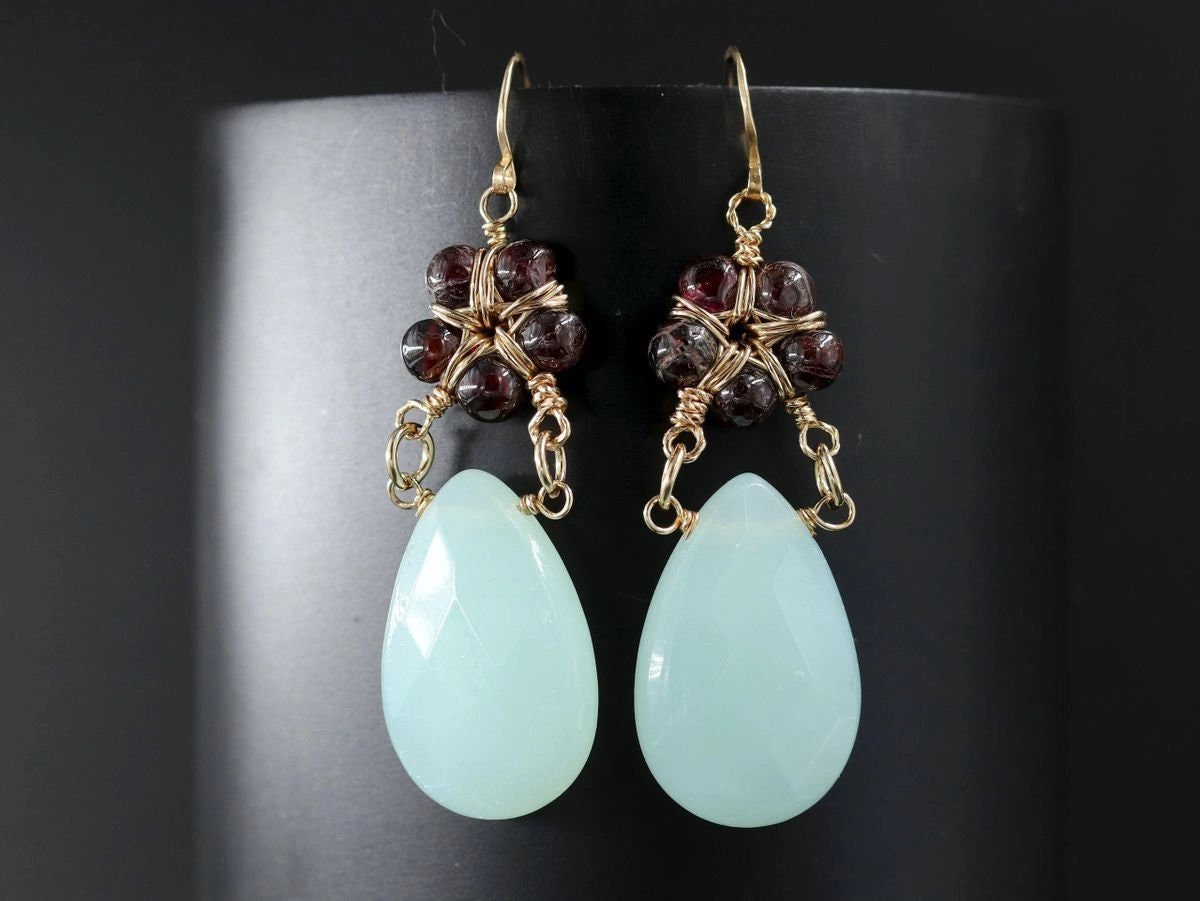 Garnet Chalcedony Heart Flower Gemstone Earrings, 14K Gold Filled Artisan Heirloom