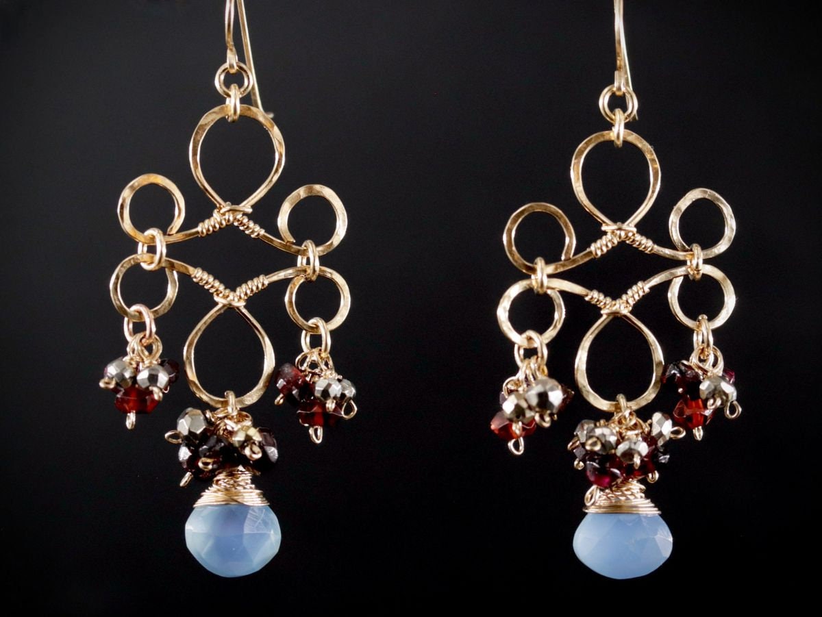 Garnet Blue Chalcedony Heart Chandelier, Gemstone Earrings, 14K Gold Filled Bohemain Jewelry