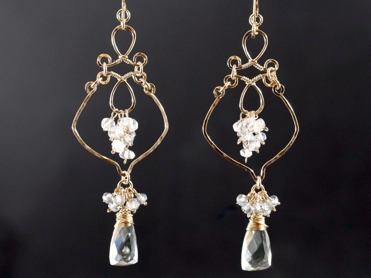 Green Amethyst Pink Opal Floral Chandelier Gemstone Earrings, 14K Gold Filled Bridal