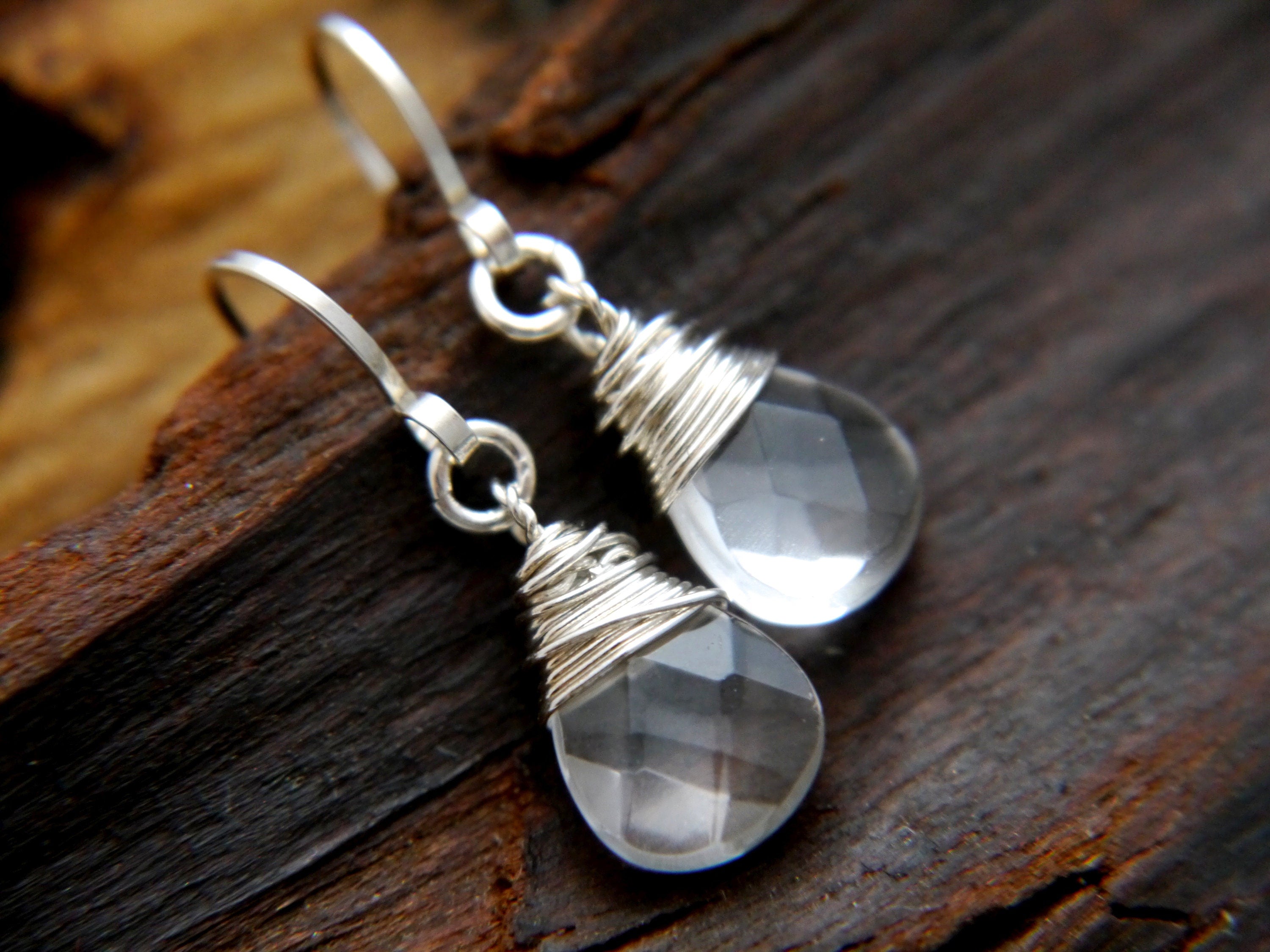 Clear Quartz Teardrop Gemstone Earrings, Sterling Silver, Minimalist