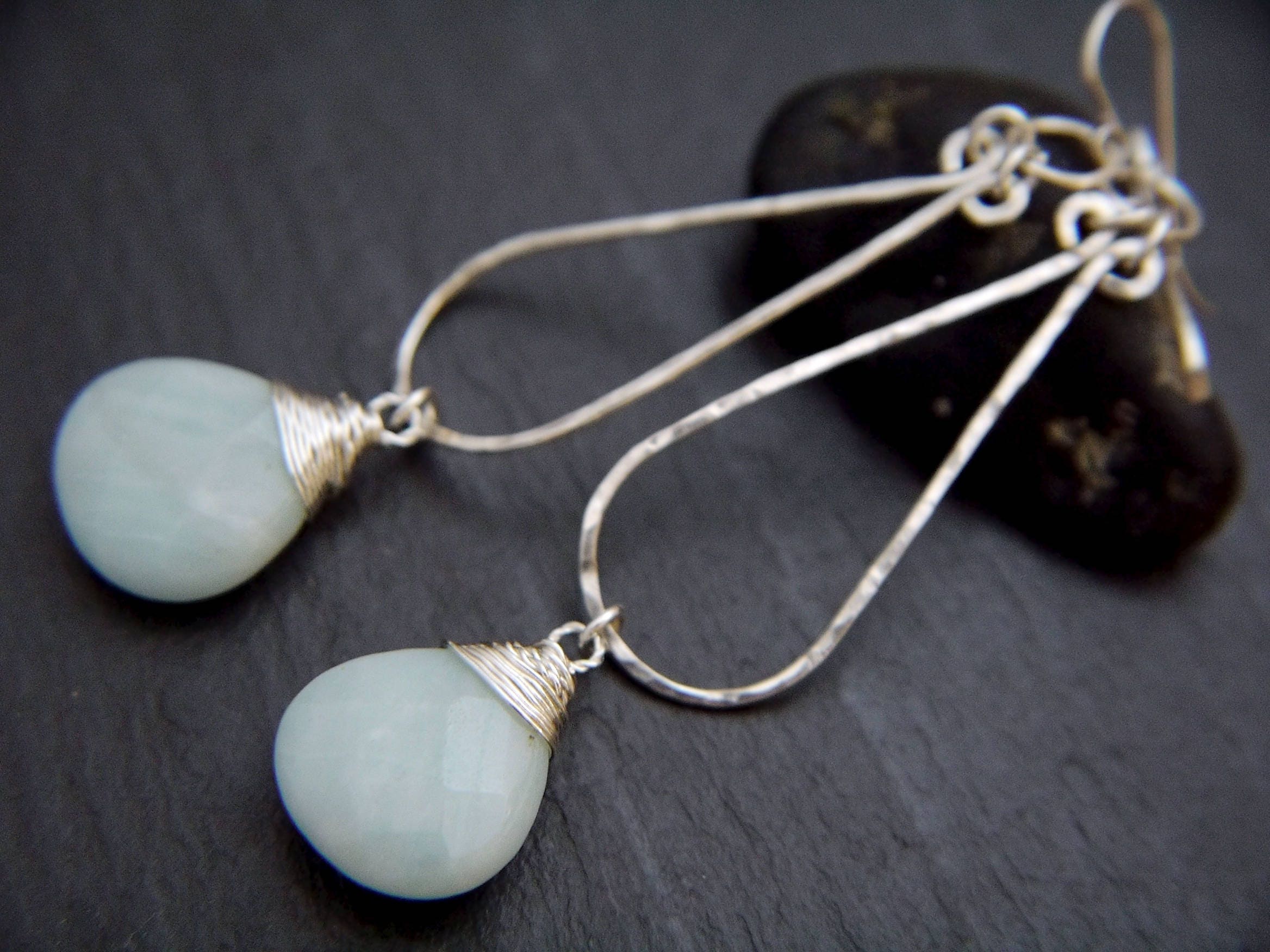 Aqua Amazonite Long Teardrop Hoop Gemstone Earrings, Sterling Silver