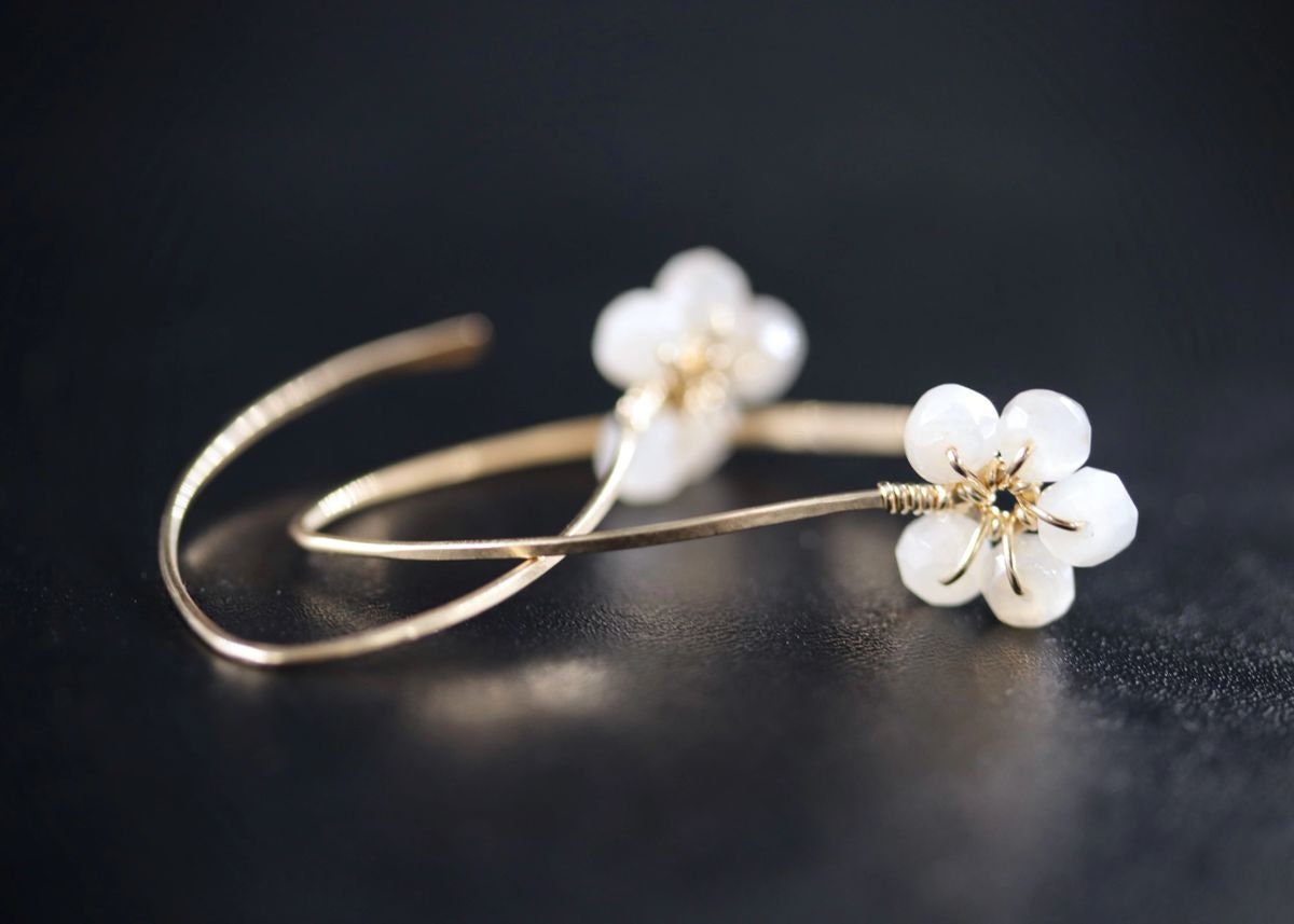 Moonstone Floral Hoop Gemstone Earrings, 14K Gold Filled Nature Inspired