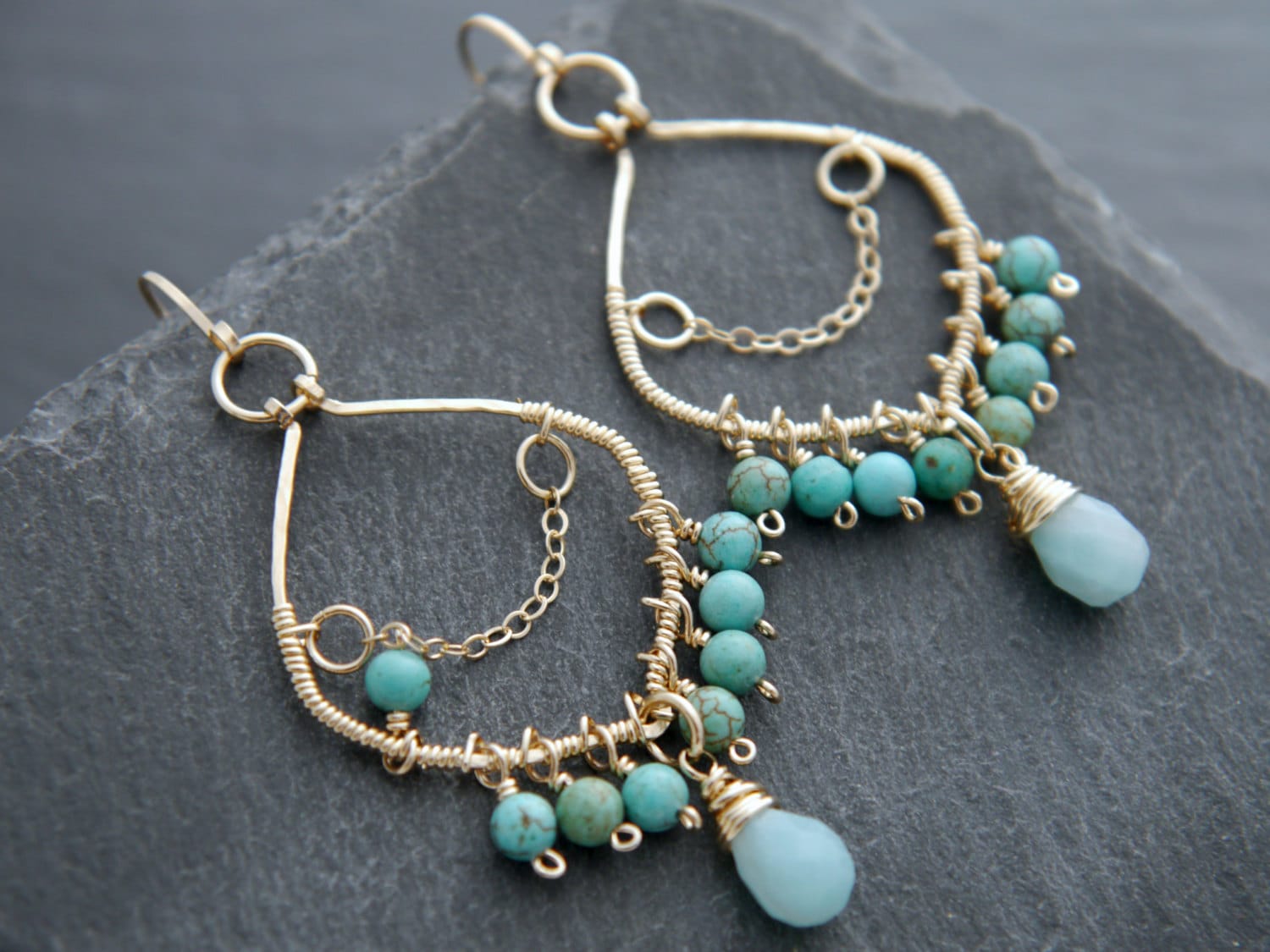 Turquoise Magenesite Aqua Amazonite Chandelier Fringe Gemstone Earrings, 14K Gold Filled