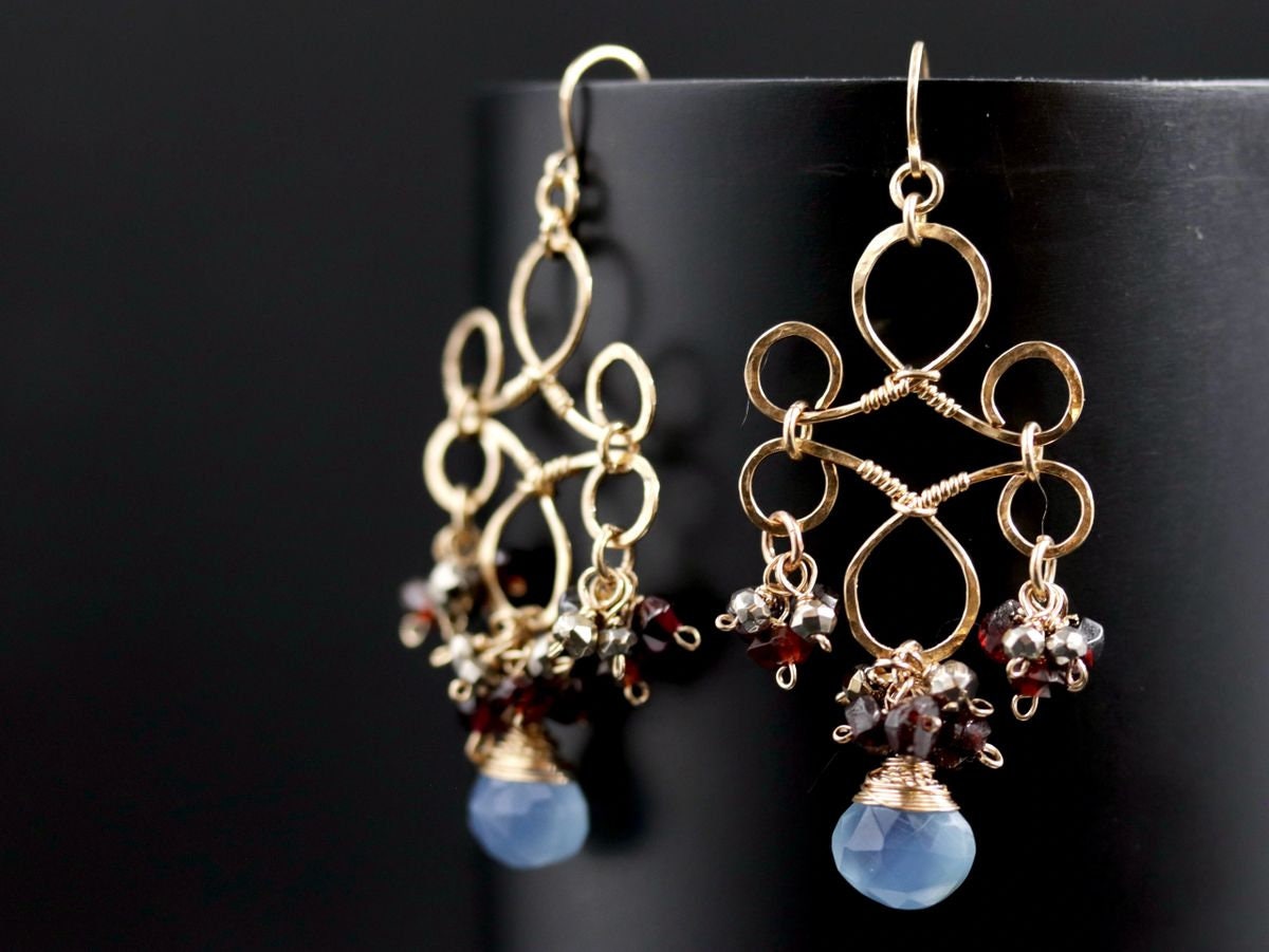 Garnet Blue Chalcedony Heart Chandelier, Gemstone Earrings, 14K Gold Filled Bohemain Jewelry