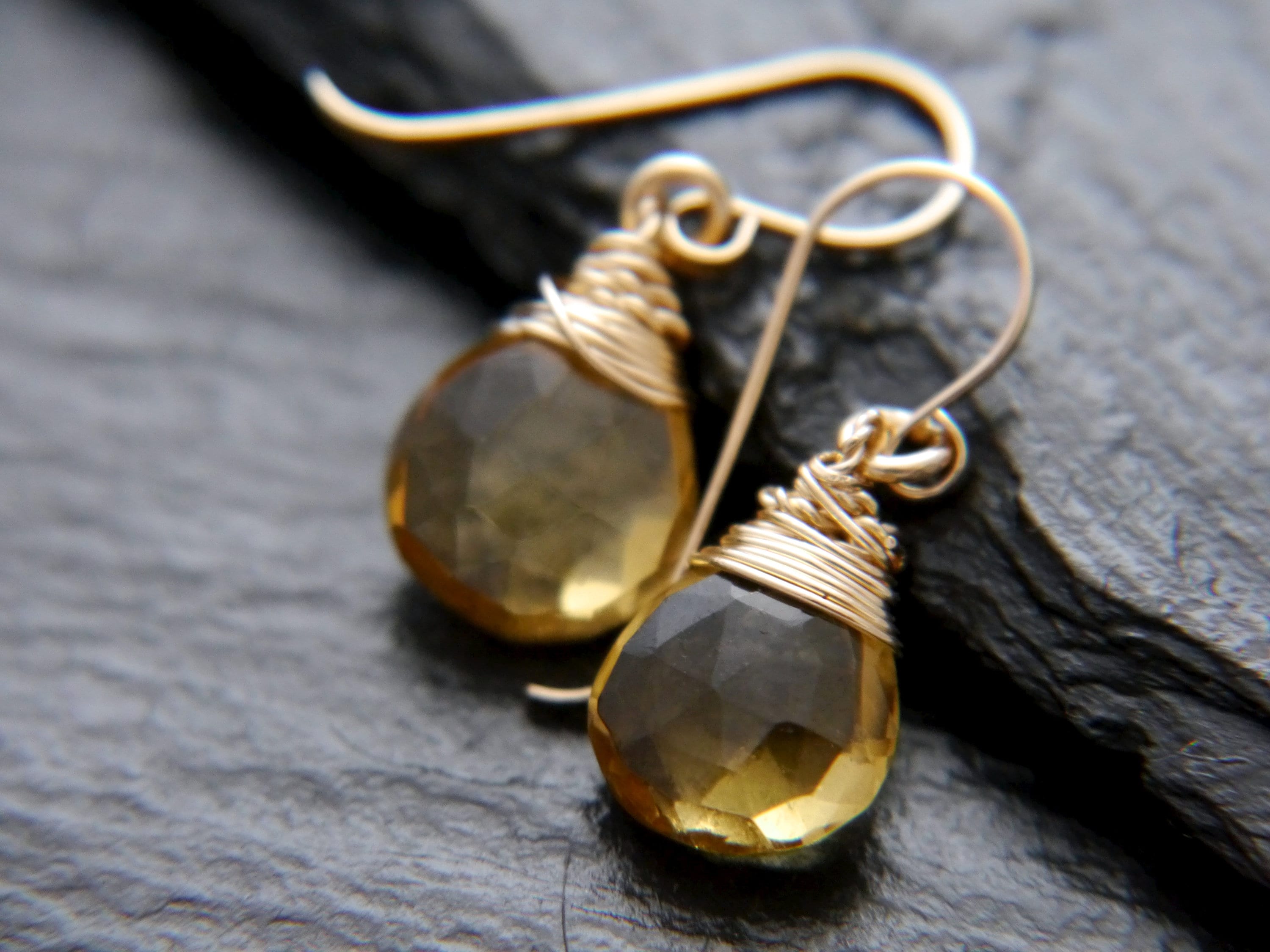 Beer Quartz Drop Earrings, Gold Filled Wire Wrapped Gemstone Wedding Bride
