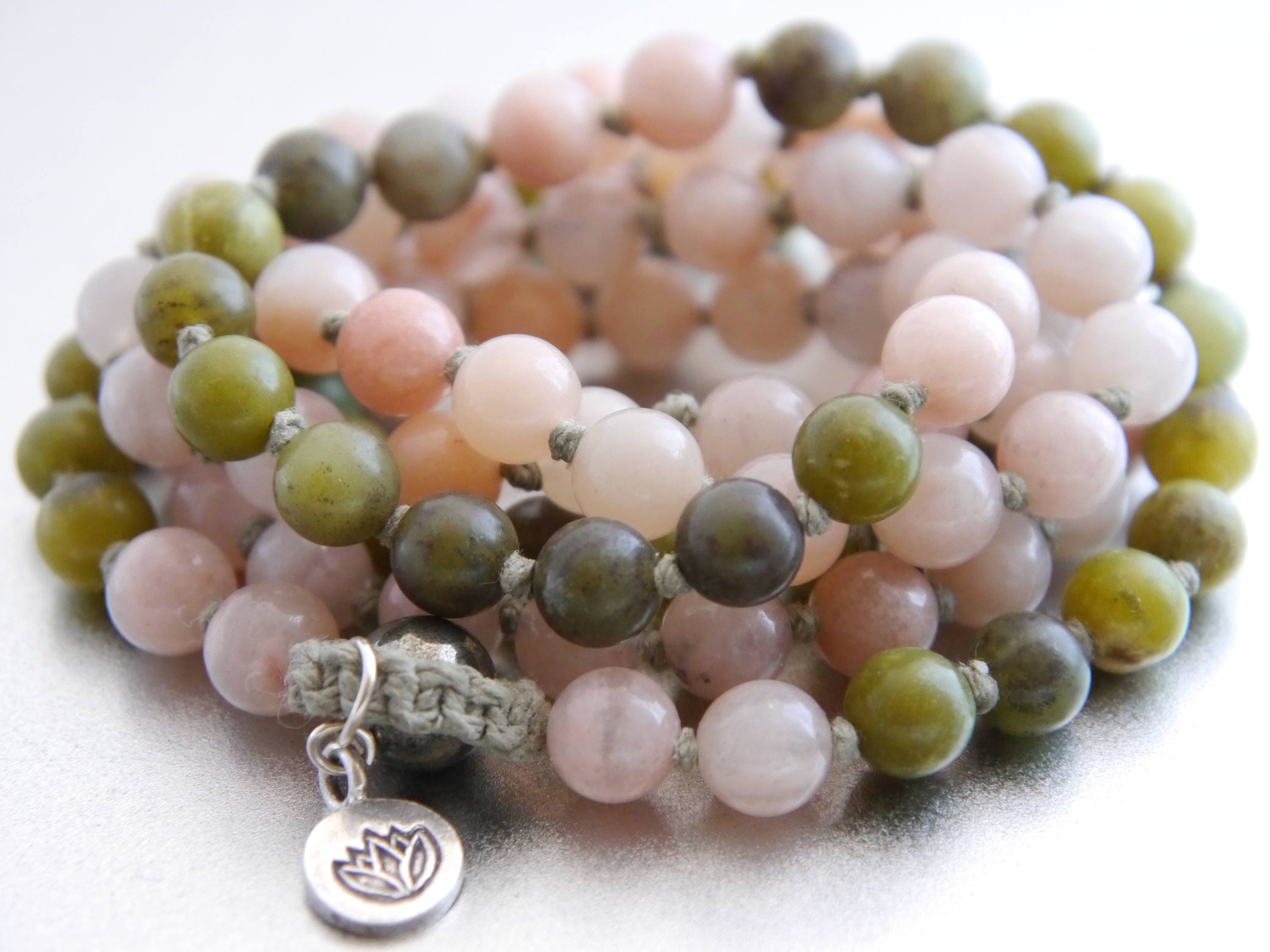 Pink Aventurine Green Serpentine Mala Beads, 108 Gemstone , Hand Knotted