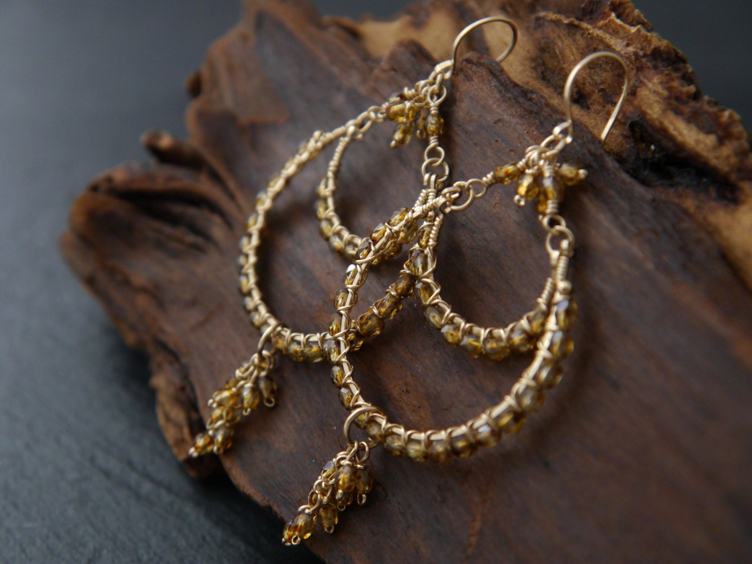 Tortoiseshell Chandelier Gemstone Earrings, 14K Gold Filled Bohemian Style