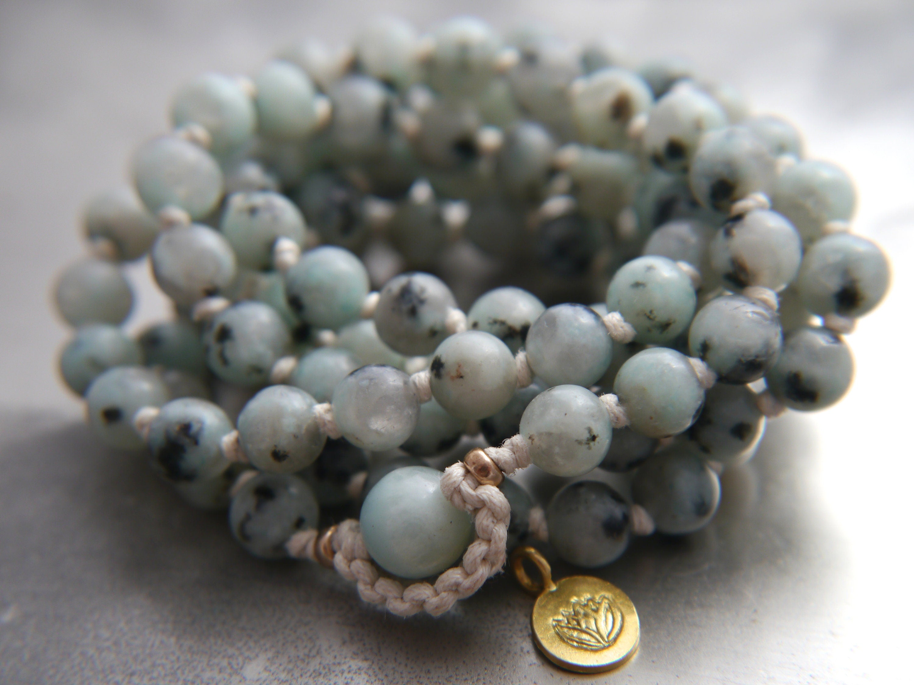 Green Kiwi Jasper Mala Beads, 108 Gemstone Beads, Wrap, Hand Knotted