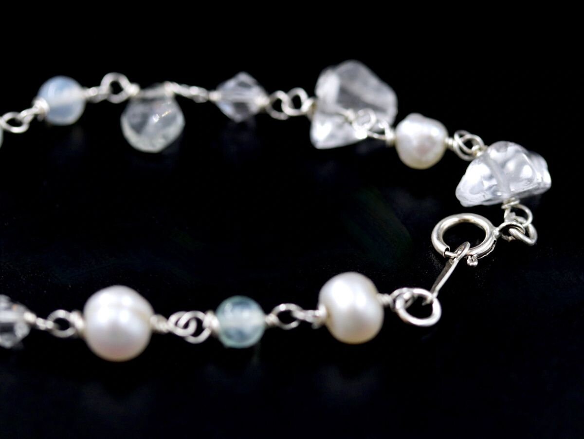 Aquamarine Pearl Rosary Chain Lariat Y Gemstone Necklace, Sterling Silver, Bohemian