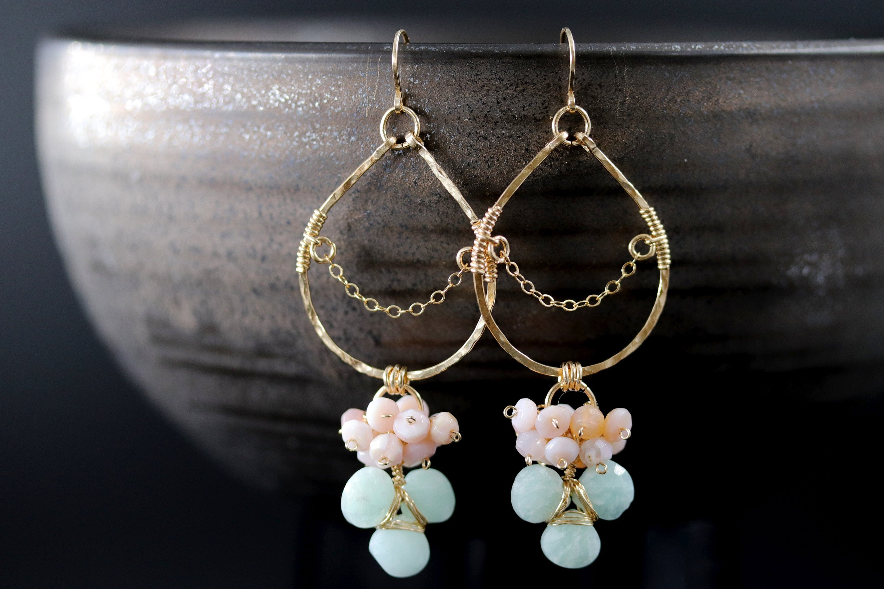 Pink Opal Amazonite Floral Chandelier Gemstone Earrings, 14K Gold Filled Botanical Wedding