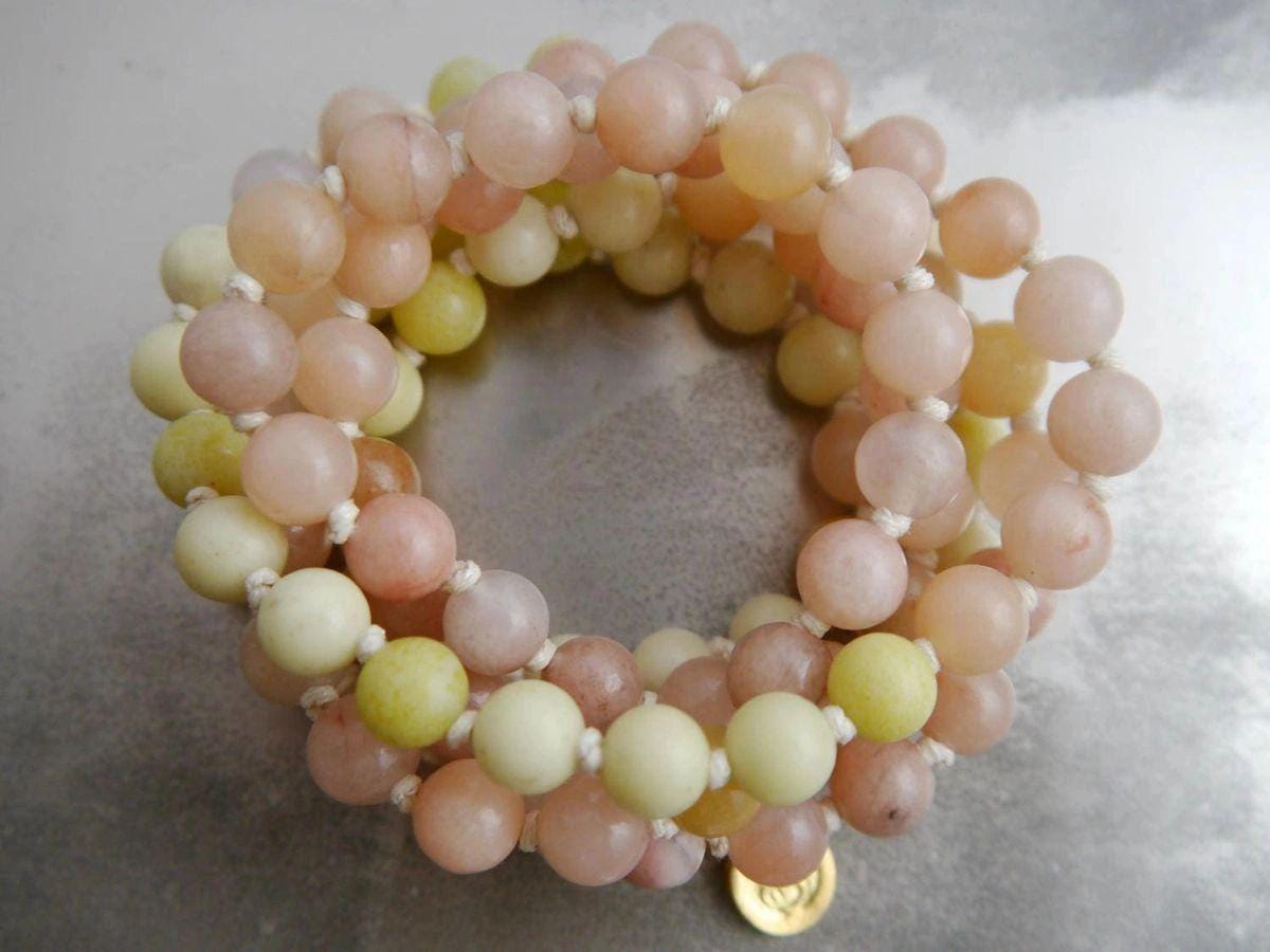 Green Peridot Serpentine Pink Aventurine Mala , Hand Knotted