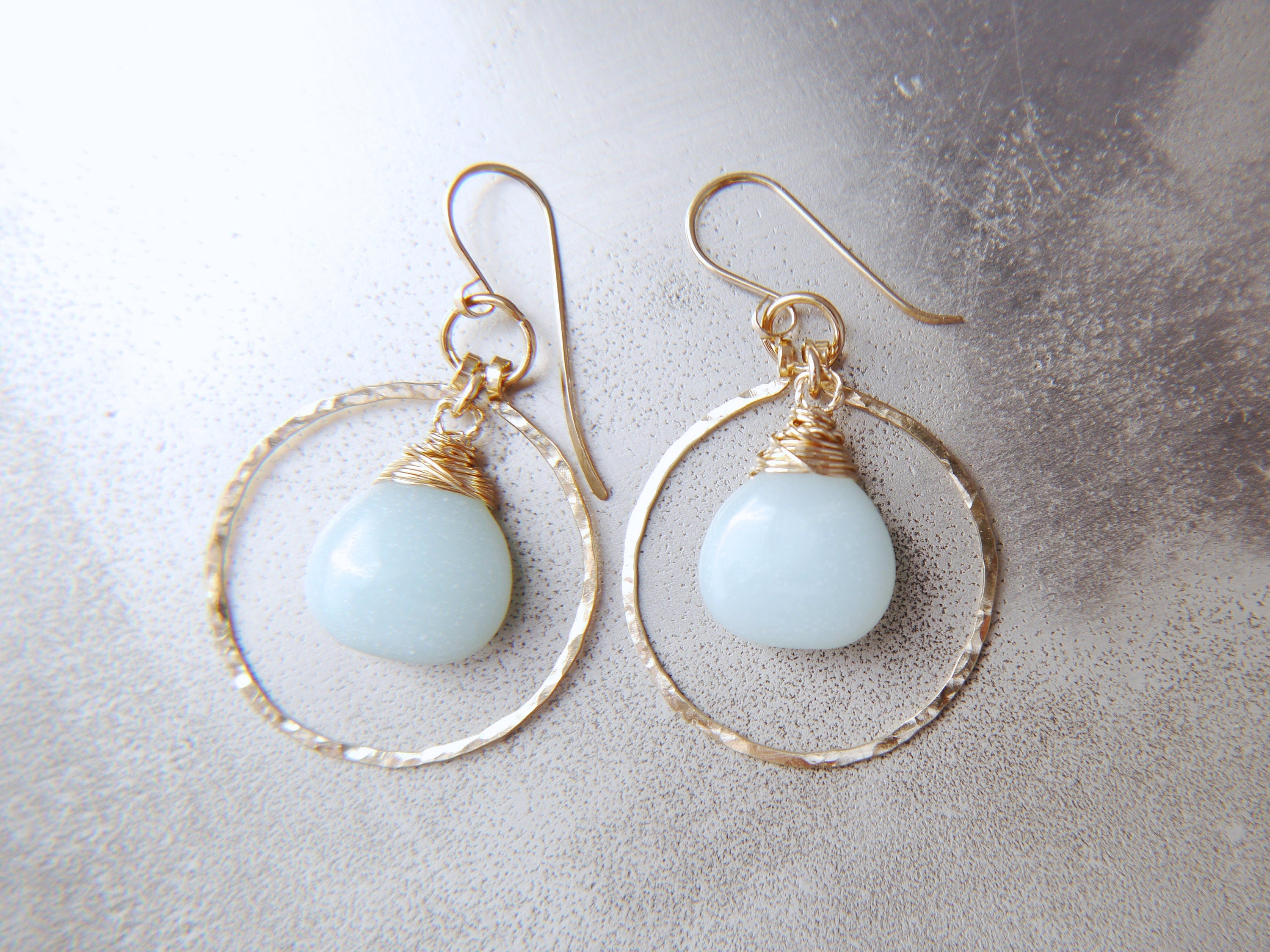 Amazonite Hoop Earrings, 14K Gold Filled Circle Dangle, Everyday Gemstone Jewelry