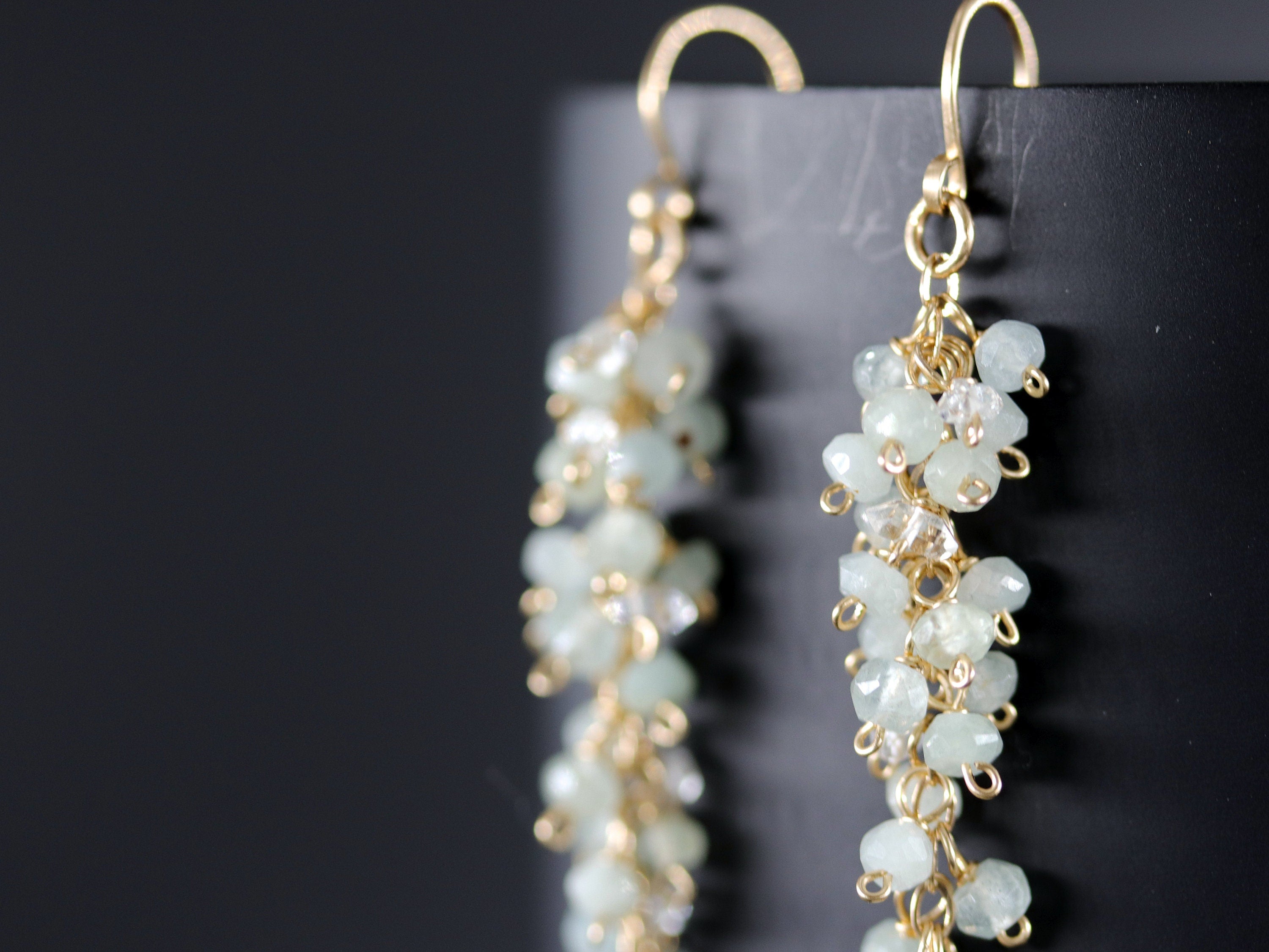 Aquamarine Herkimer Tassel Earrings, 14K Gold Filled Long Duster, Minimal Statement