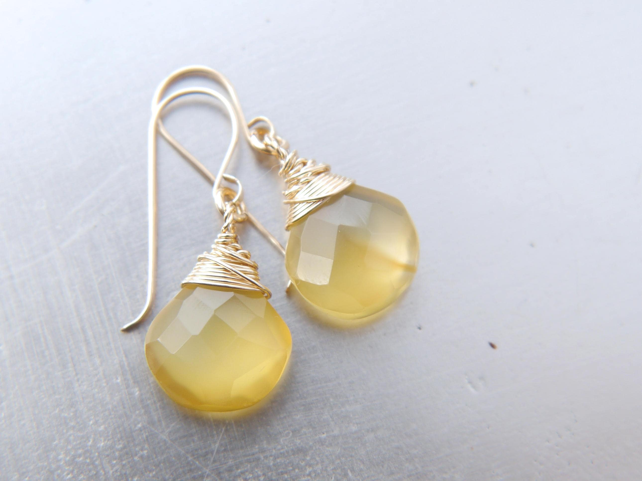 Yellow Chalcedony Heart Briolette Drop Gemstone Earrings, 14K Gold Filled Minimalist