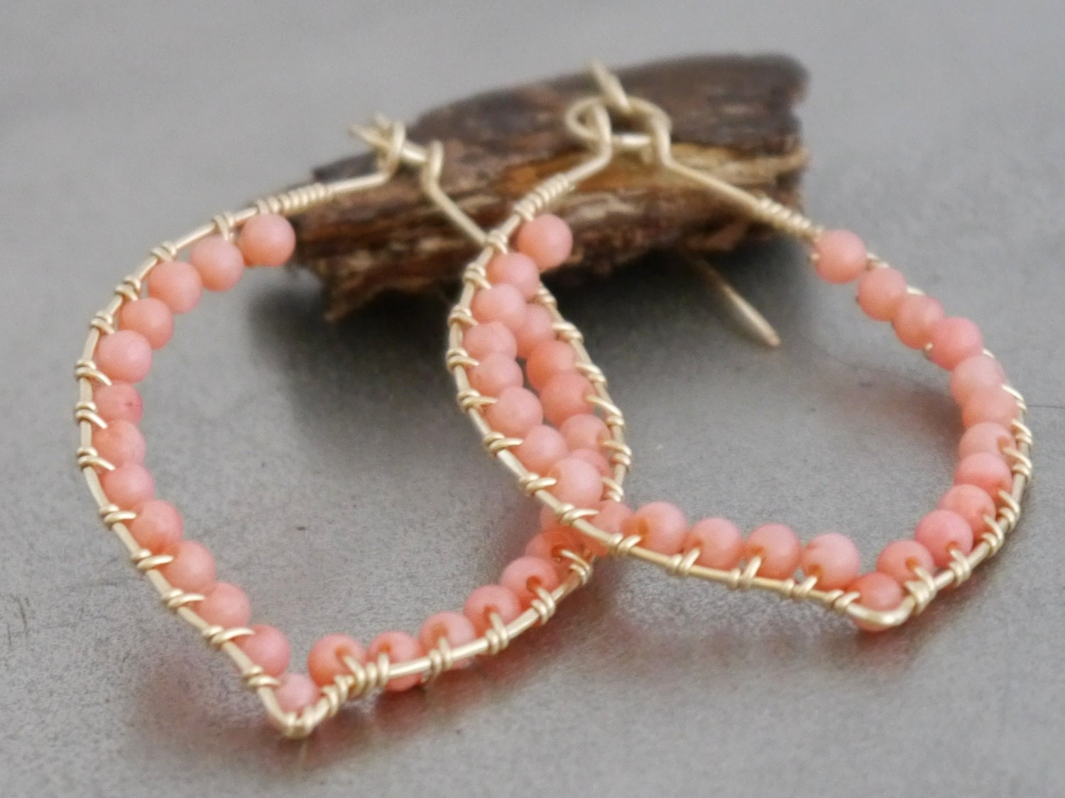 Pink Coral Dangle Gemstone Earrings, 14K Gold Filled Bohemian Style