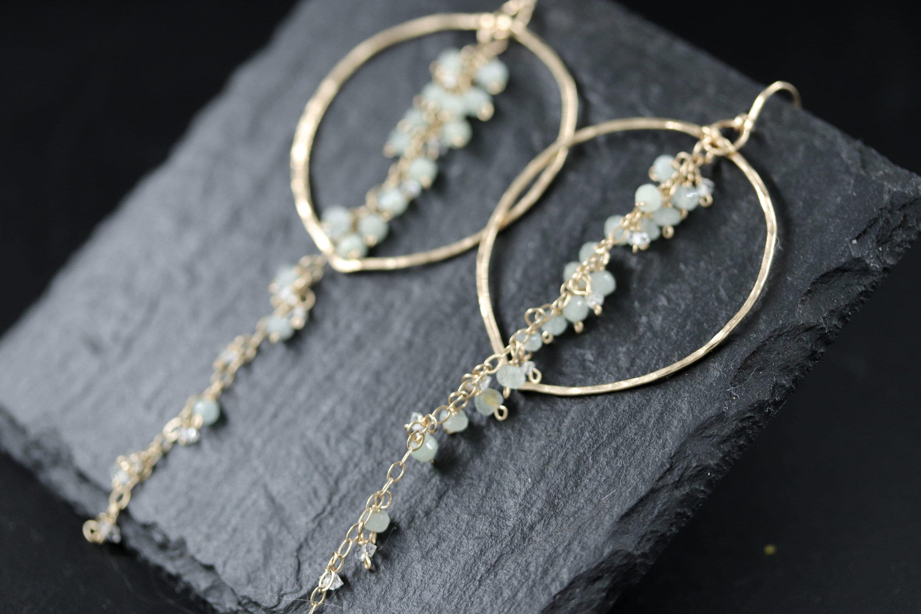 Aquamarine Herkimer Vine Tassel Earrings, 14K Gold Filled Waterfall Duster, Statement Jewelry