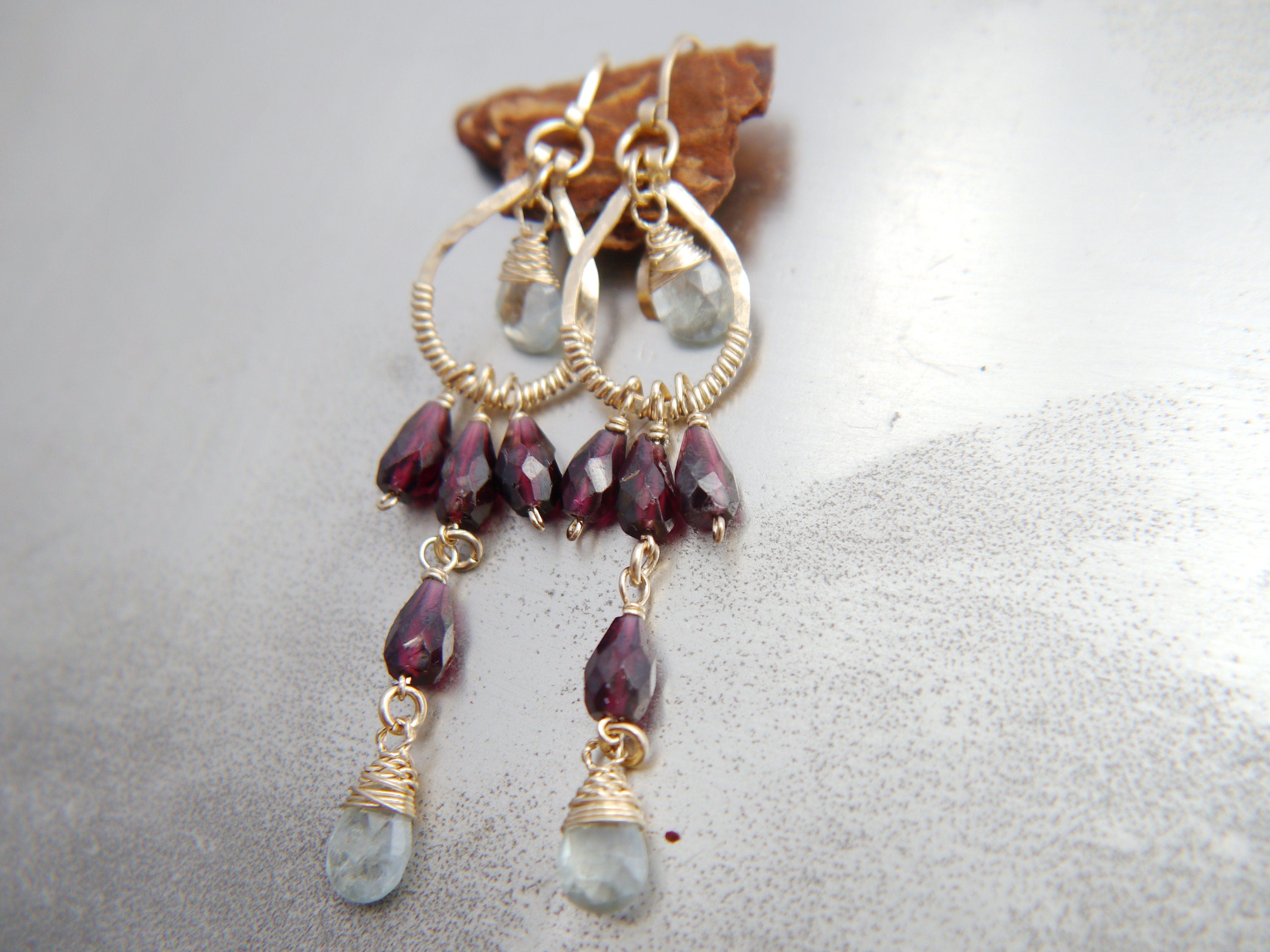 Aquamarine Boho Chandelier Earrings, 14K Gold Filled Fringe Dangle