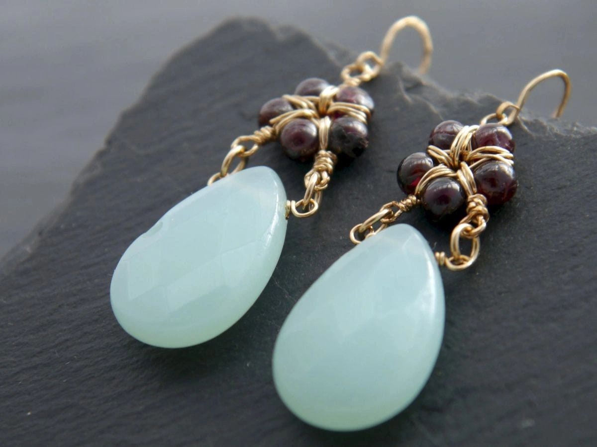 Garnet Chalcedony Heart Flower Gemstone Earrings, 14K Gold Filled Artisan Heirloom