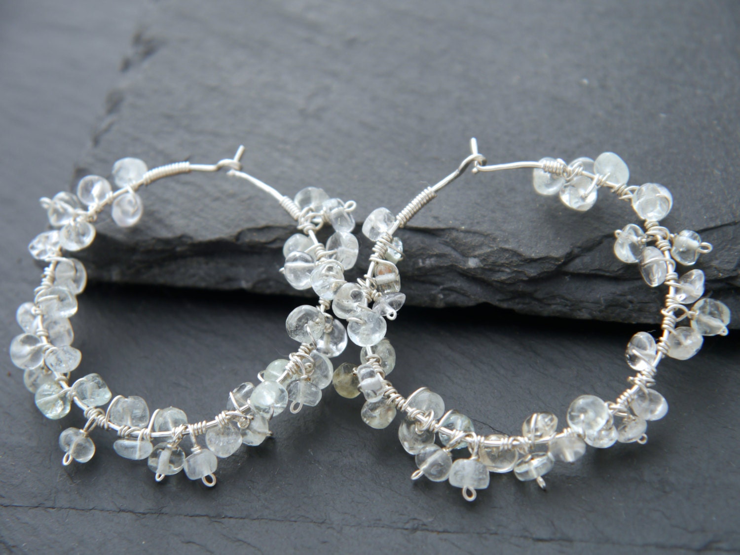 Aquamarine Floral Hoop Gemstone Earrings, Sterling Silver, Garden Wedding