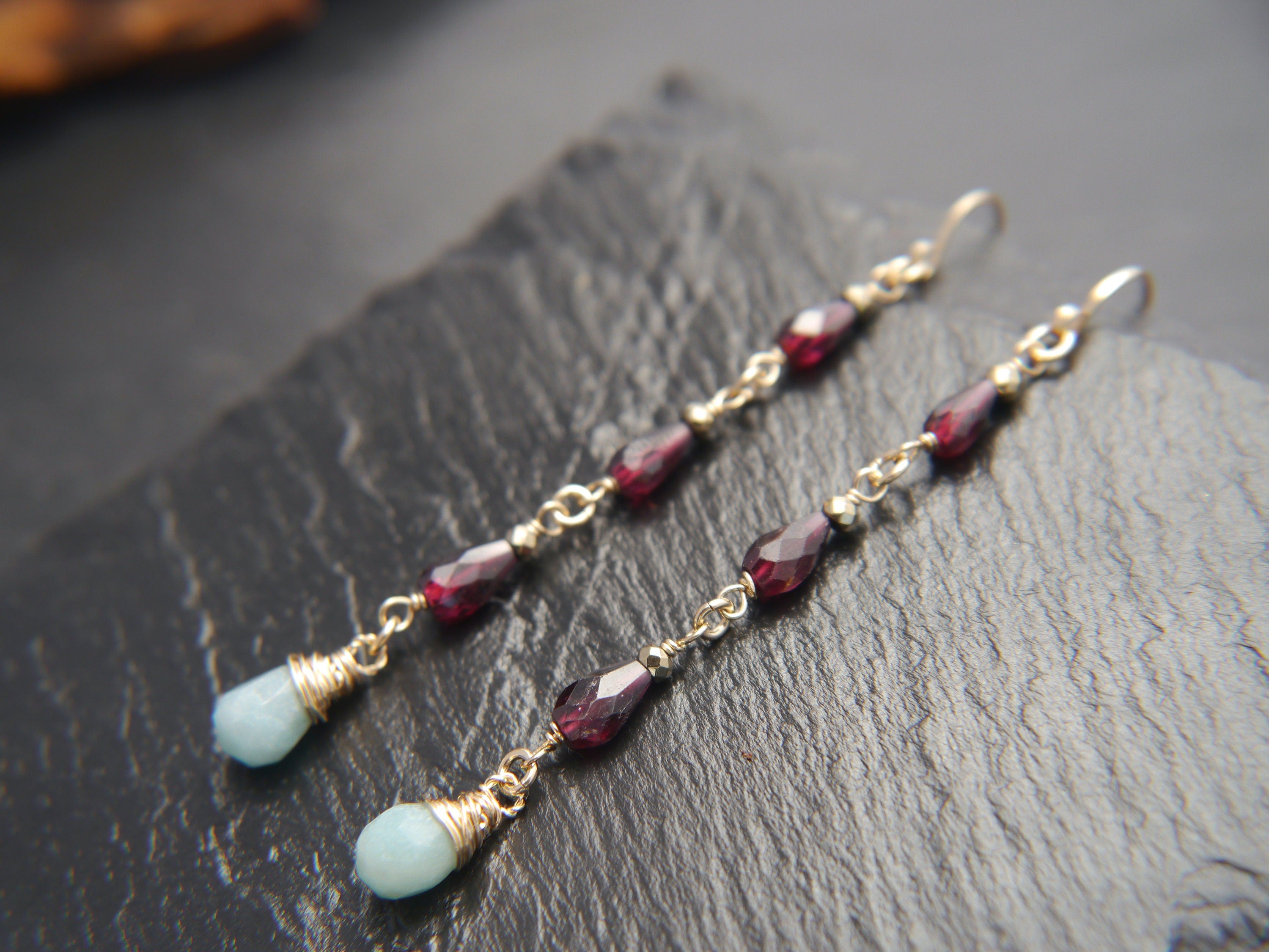 Garnet Amazonite Long Dangle Teardrop Gemstone Earrings, 14K Gold Filled Art Deco