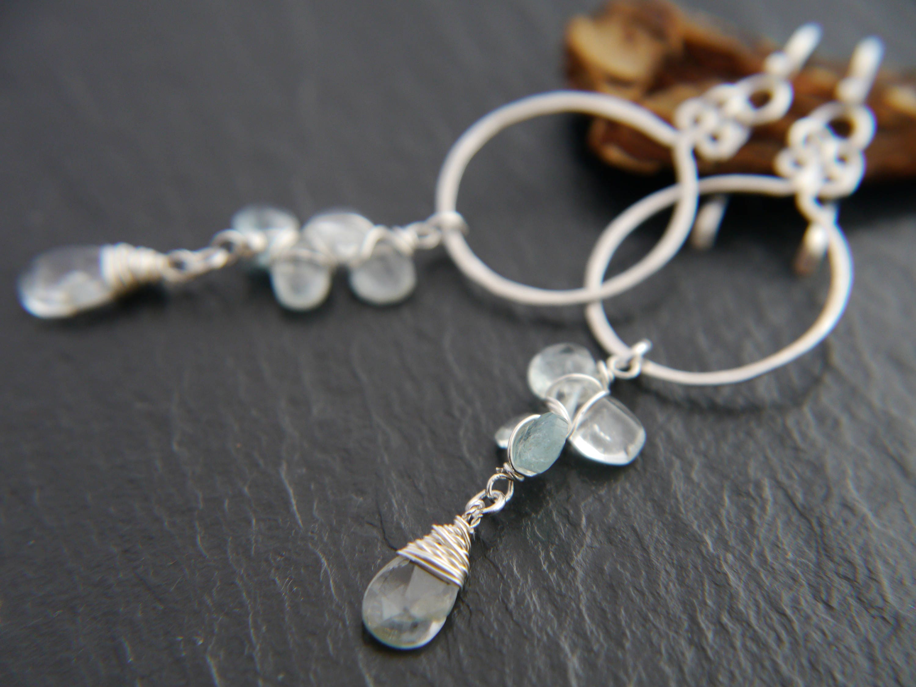 Aquamarine Quartz Long Dangle Gemstone Earrings, Sterling Silver Hoops