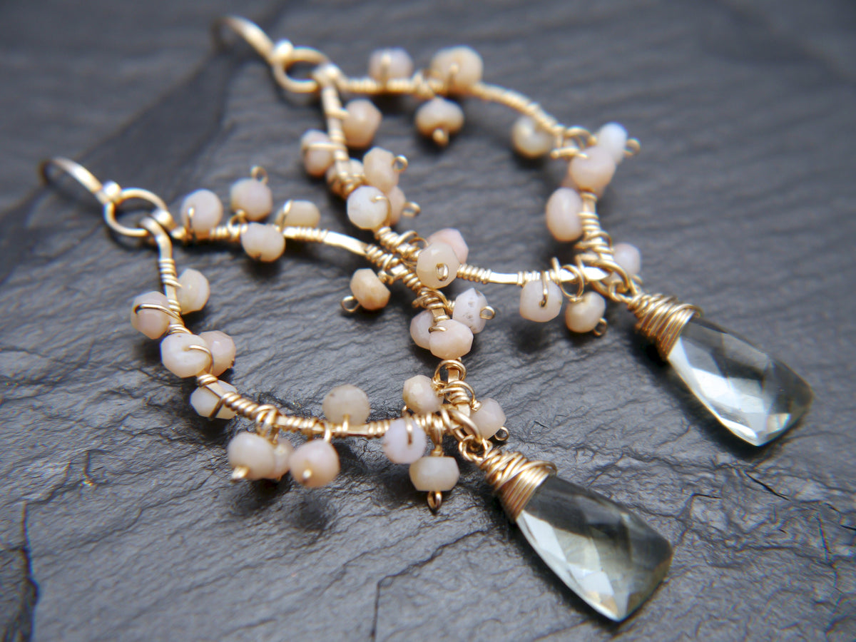 Bridal Chandelier Gold Earrings, 14K Gold Filled, Pink Opal, Aquamarine & Green Amethyst, Garden Wedding Earrings