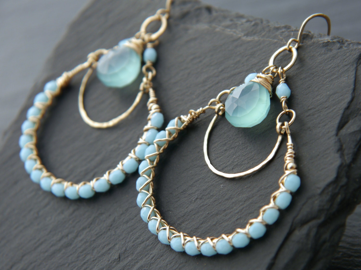 Aqua Chalcedony Briolette Chandelier Earrings, 14K Gold Filled Boho Dangle, Statement Jewelry