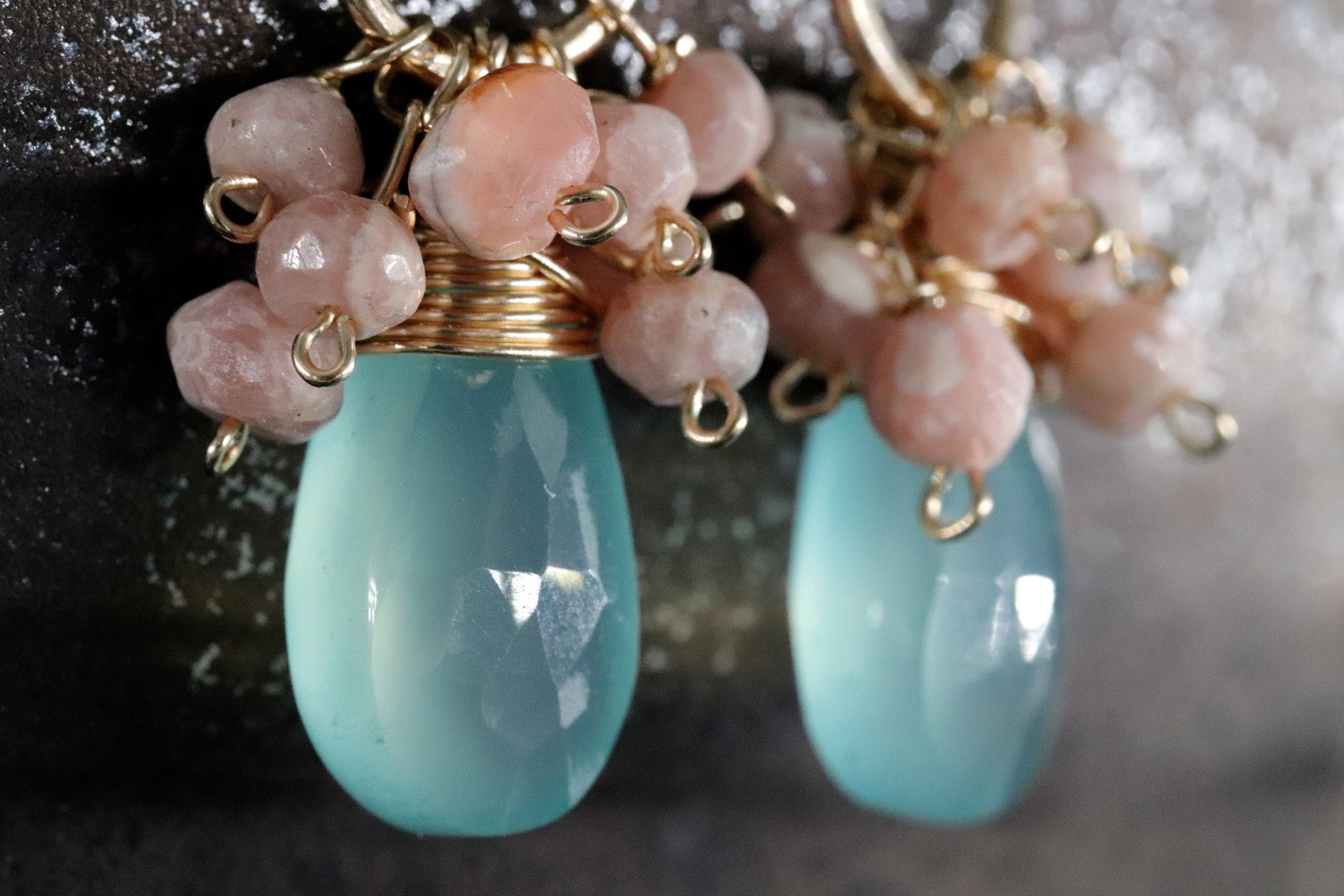 Aqua Chalcedony Pink Rhodonite Floral Cluster Gemstone Earrings, 14K Gold Filled