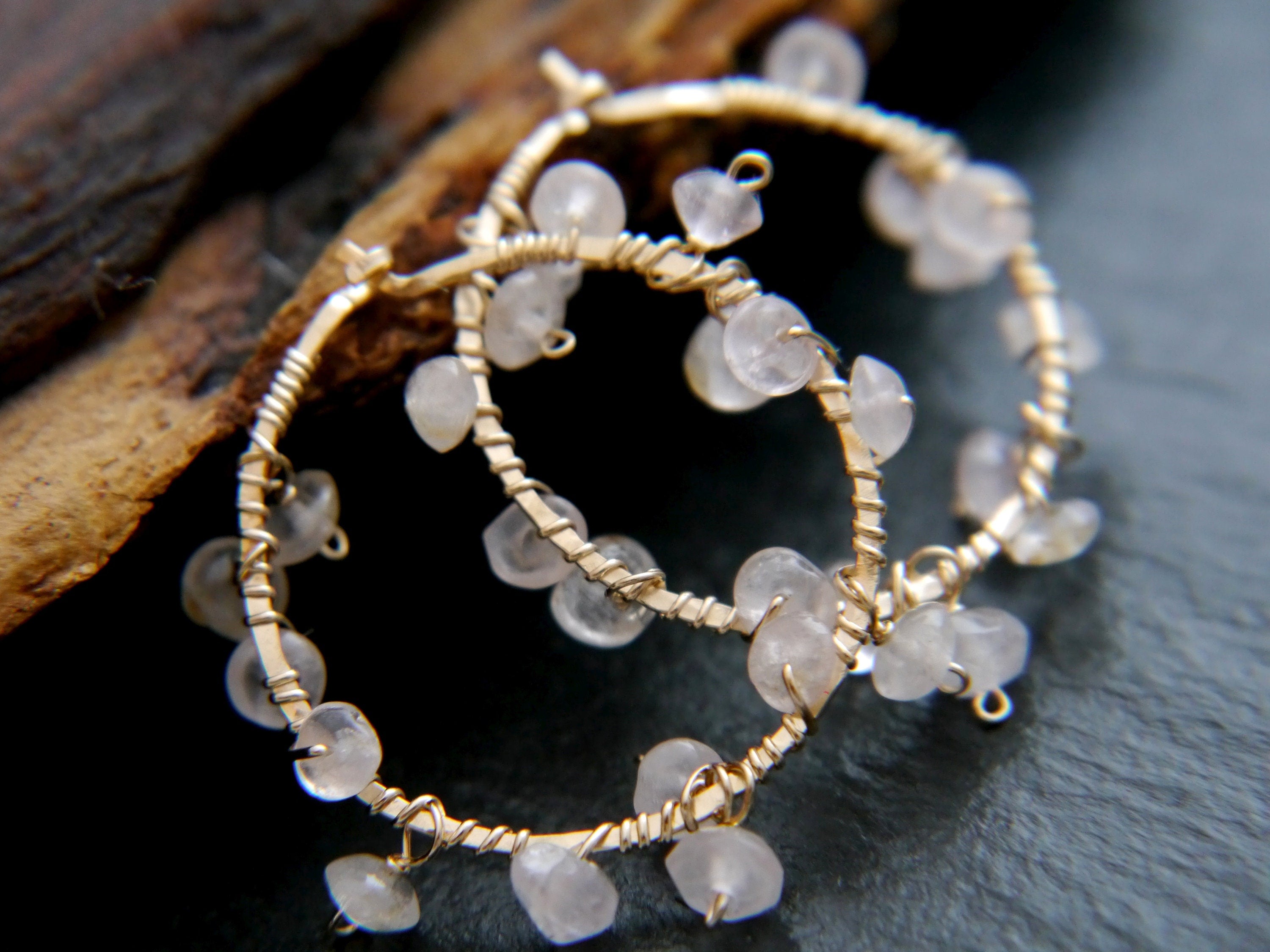 Rose Quartz Hoop Gemstone Earrings, 14K Gold Filled Boho Style Jewelry
