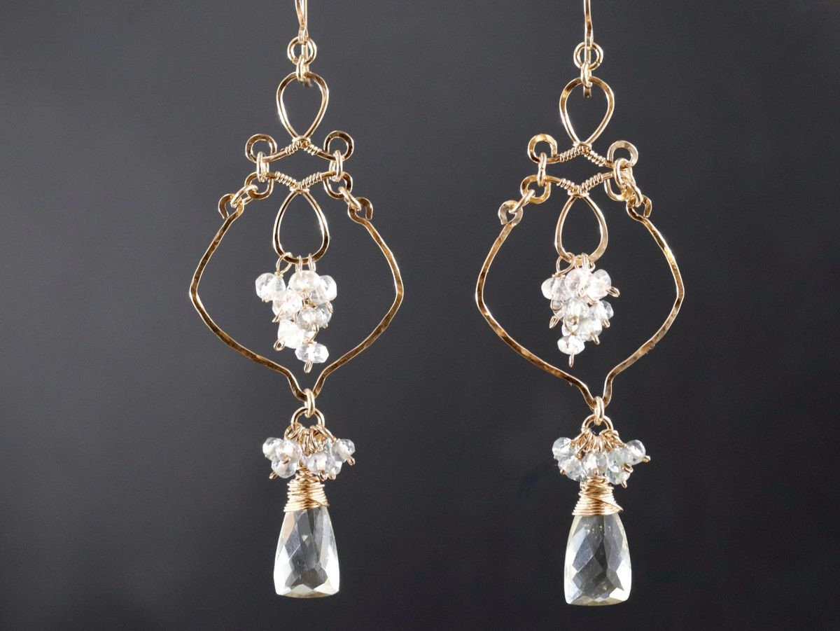 Green Amethyst Pink Opal Floral Chandelier Gemstone Earrings, 14K Gold Filled Bridal