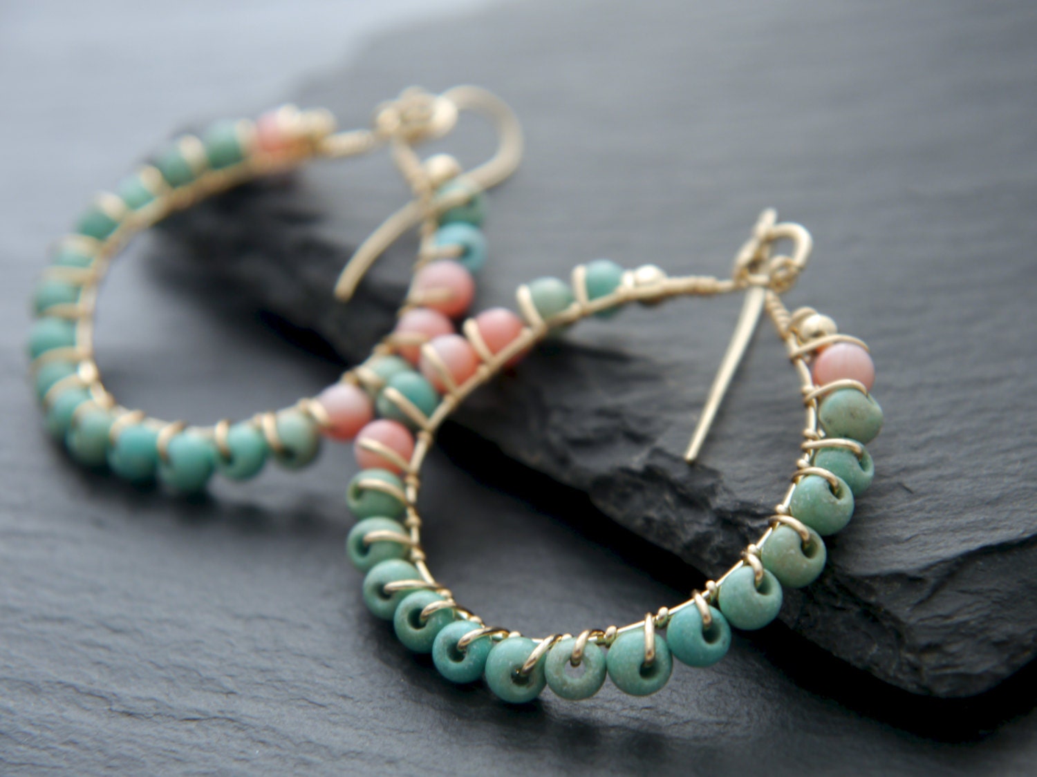 Turquoise Magnesite Coral Hoop Gemstone Earrings, 14K Gold Filled Bohemian Style