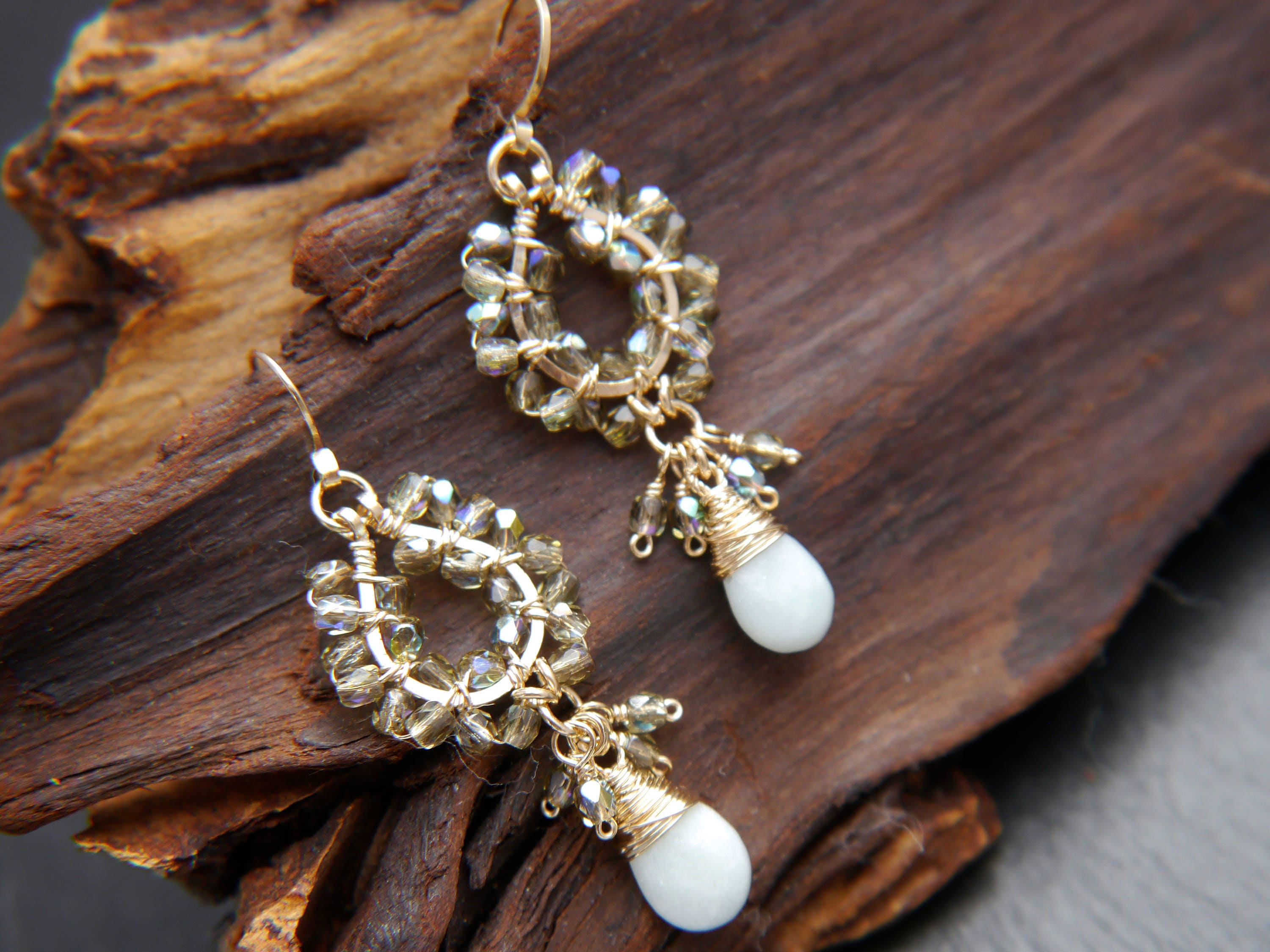 Aquamarine Tortoiseshell Chandelier Gemstone Earrings, 14K Gold Filled Boho