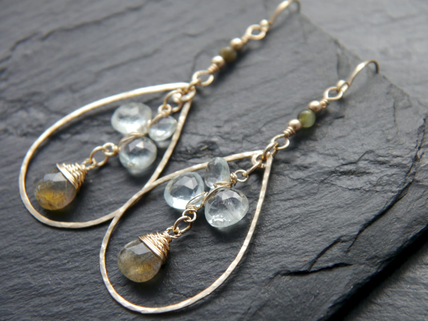 Aquamarine Labradorite Teardrop Floral Hoop Gemstone Earrings, 14K Gold Filled Bridal