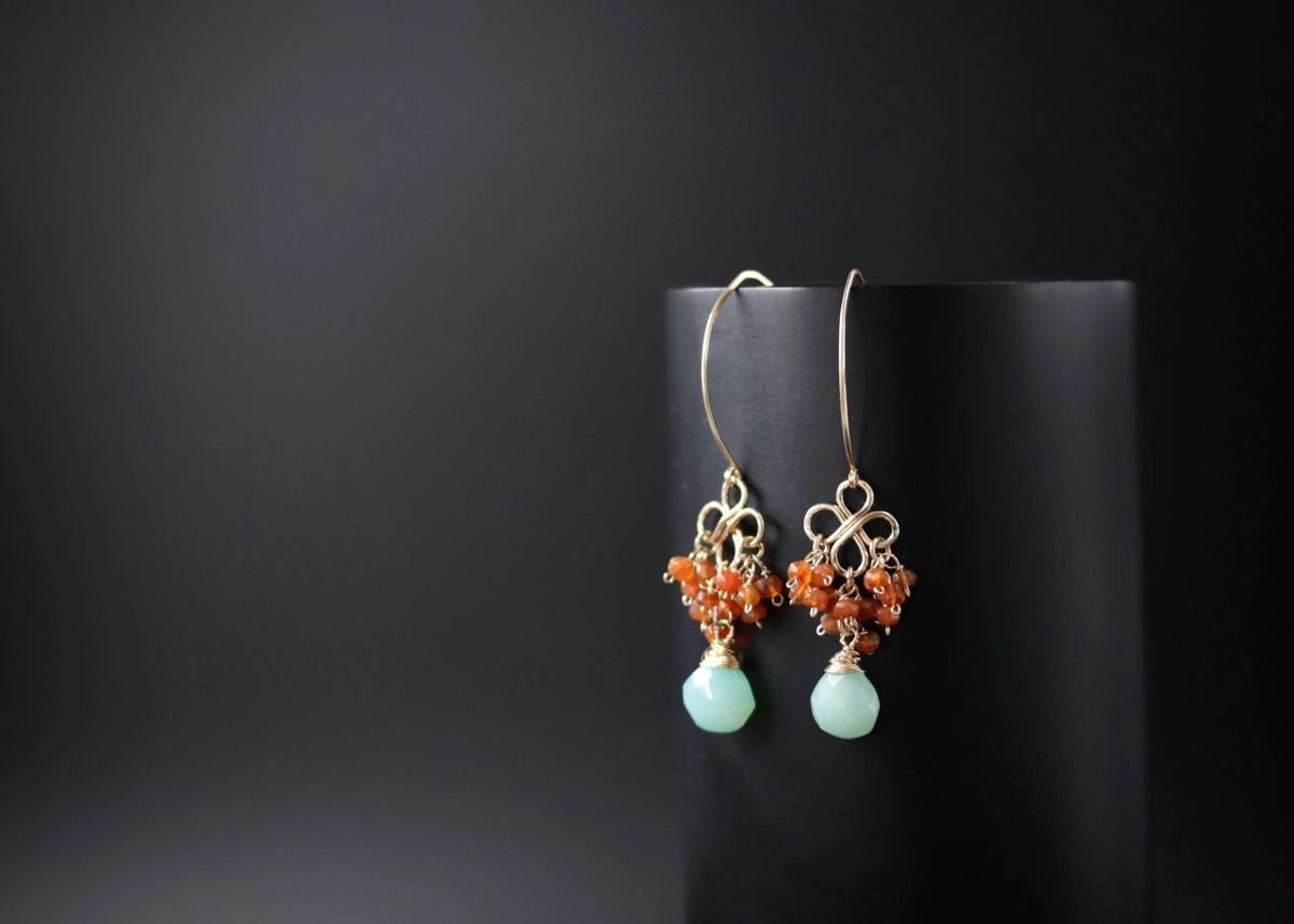 Aqua Chalcedony Carnelian Cluster Earrings, 14K Gold Filled Briolette Dangle, Artisan Jewelry