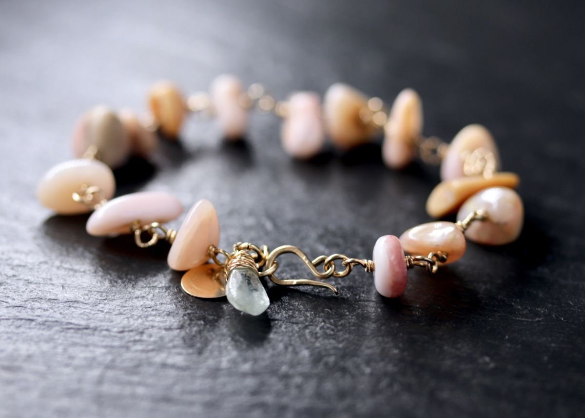 Pink Opal Aquamarine 14K Gold Filled Gemstone Bracelet, Pastel Beaded Jewelry