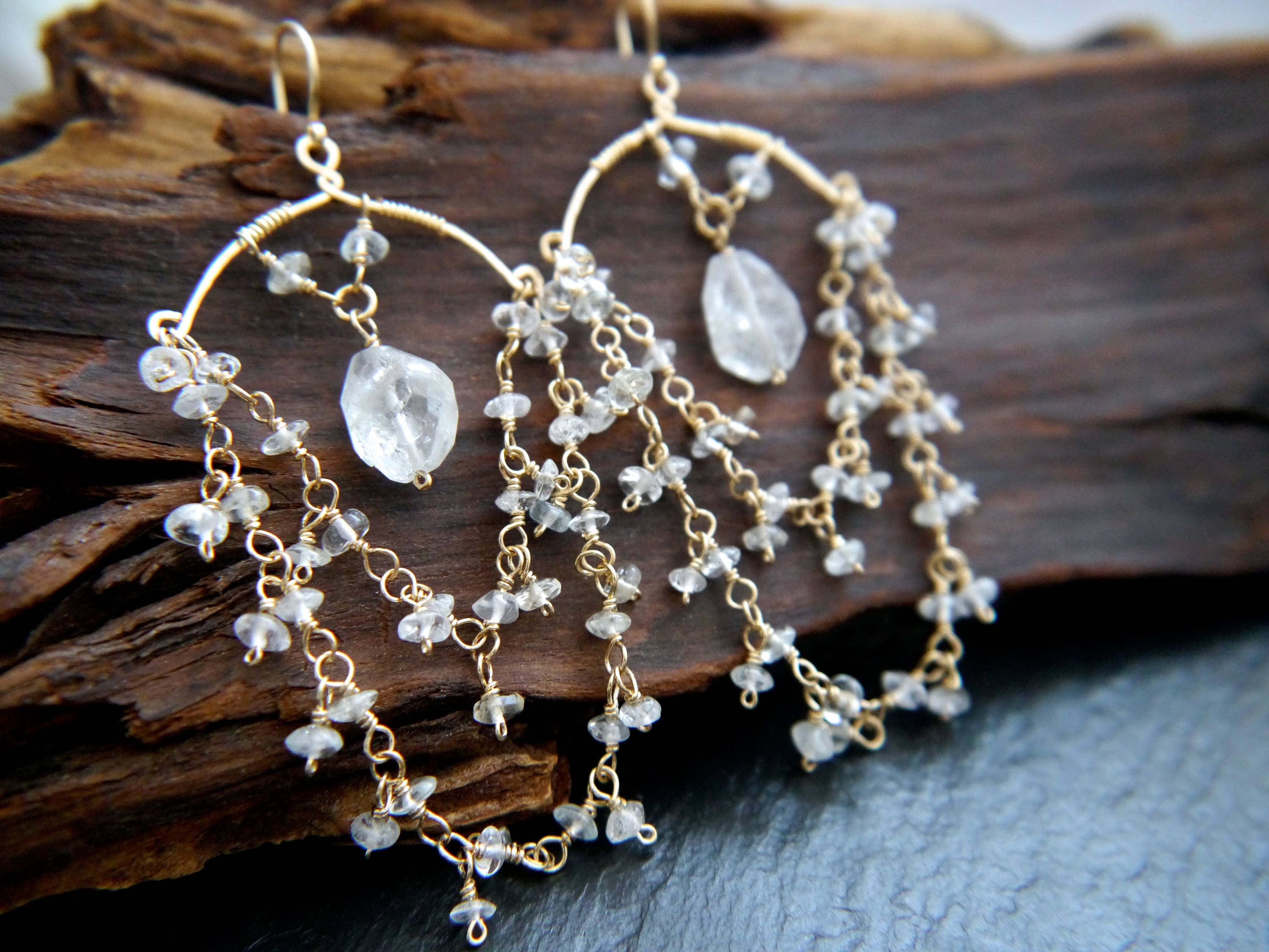 Aquamarine Fringe Chandelier Earrings, 14K Gold Filled Boho Dangle, Wedding Jewelry