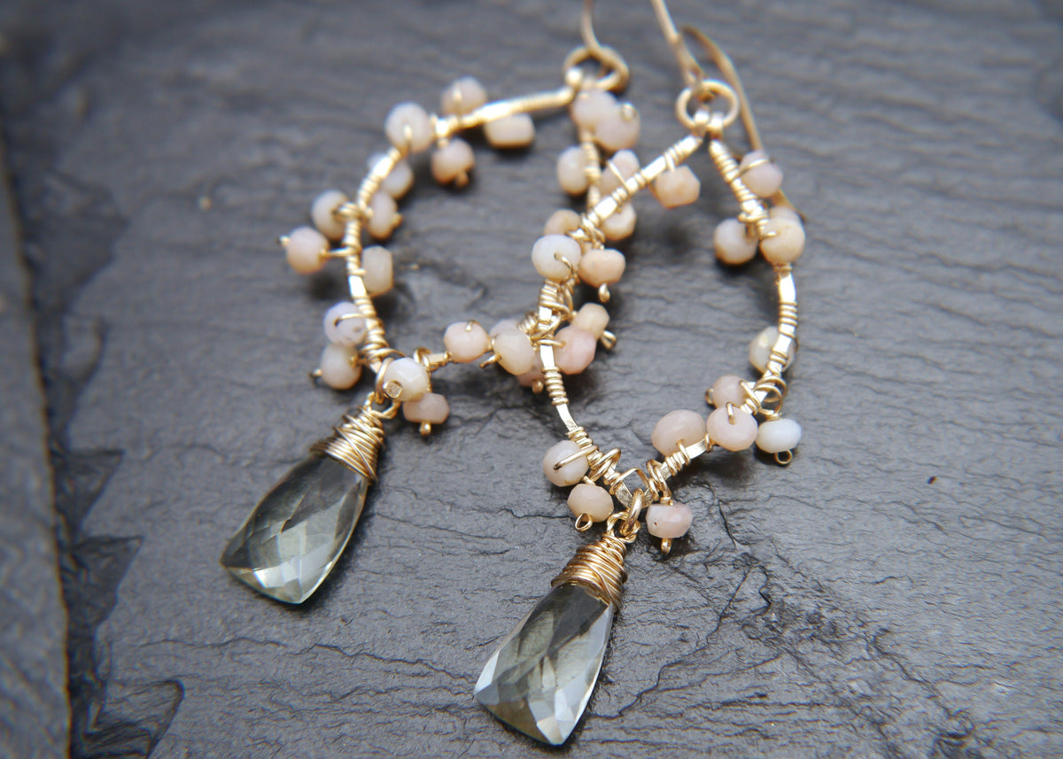 Bridal Chandelier Gold Earrings, 14K Gold Filled, Pink Opal, Aquamarine & Green Amethyst, Garden Wedding Earrings