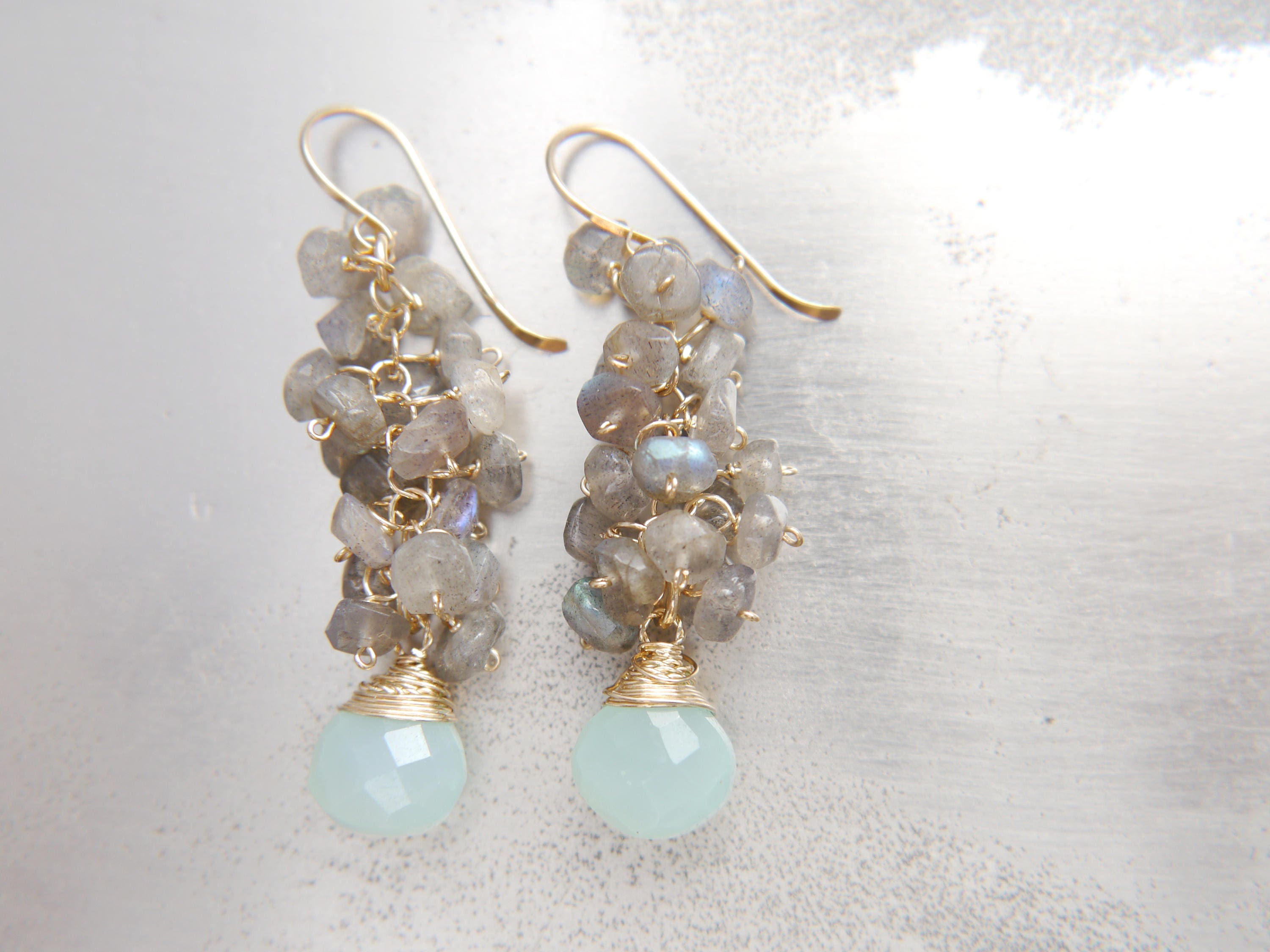 Aqua Chalcedony Briolette Labradorite Cluster Gemstone Earrings, 14K Gold Filled Romantic Style