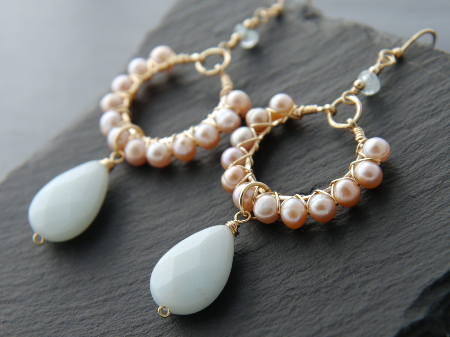 Pink Pearl Aqua Amazonite Hoop Gemstone Earrings, 14K Gold Filled Classic Wedding
