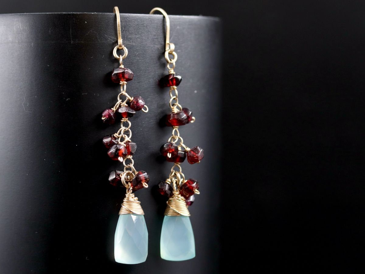 Garnet Aqua Chalcedony Briolette Dangle, Gemstone Earrings, 14K Gold Filled Boho Jewelry