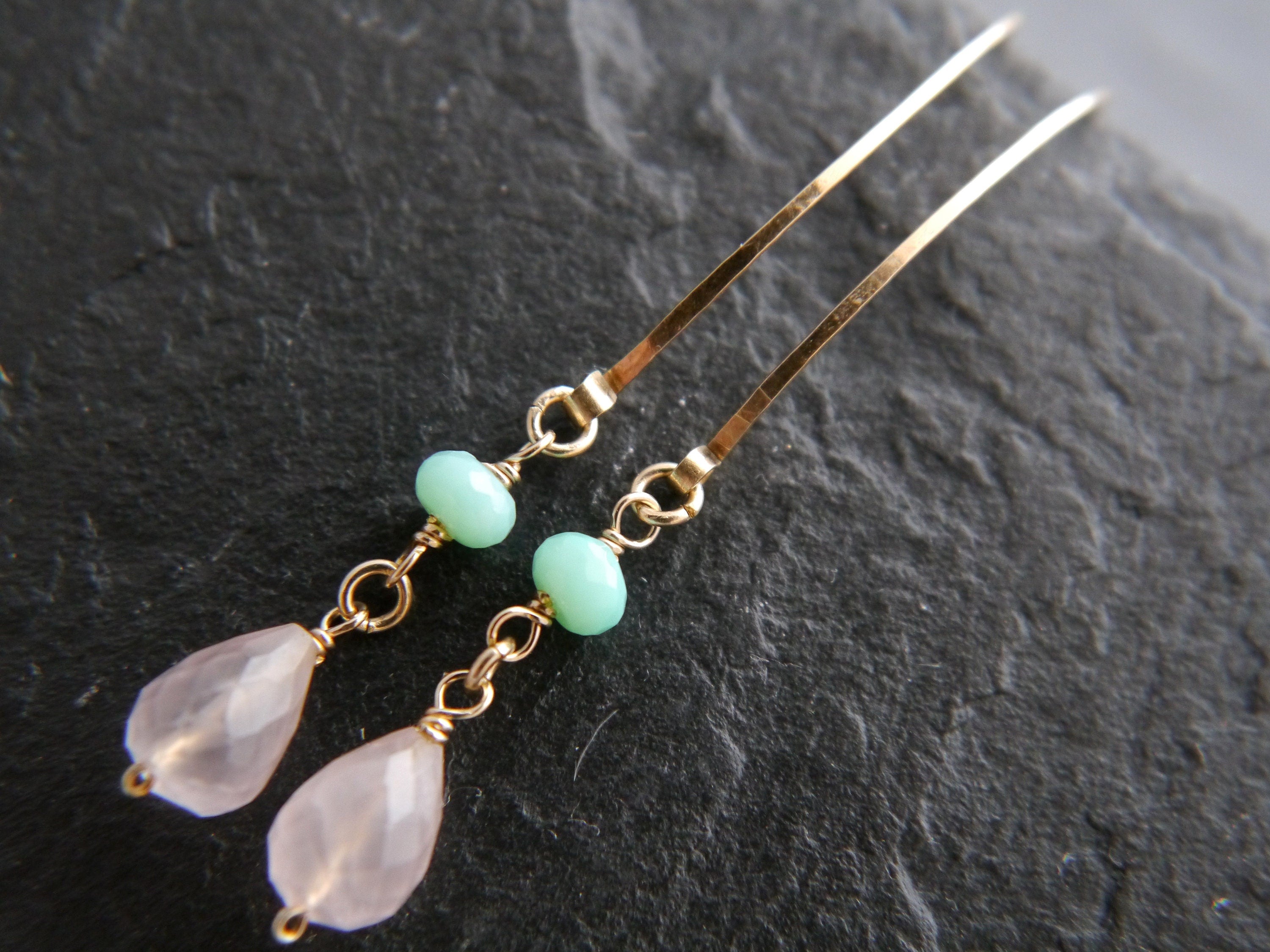 Rose Quartz Chrysoprase Hoop Gemstone Earrings, 14K Gold Filled Boho Wedding Jewelry