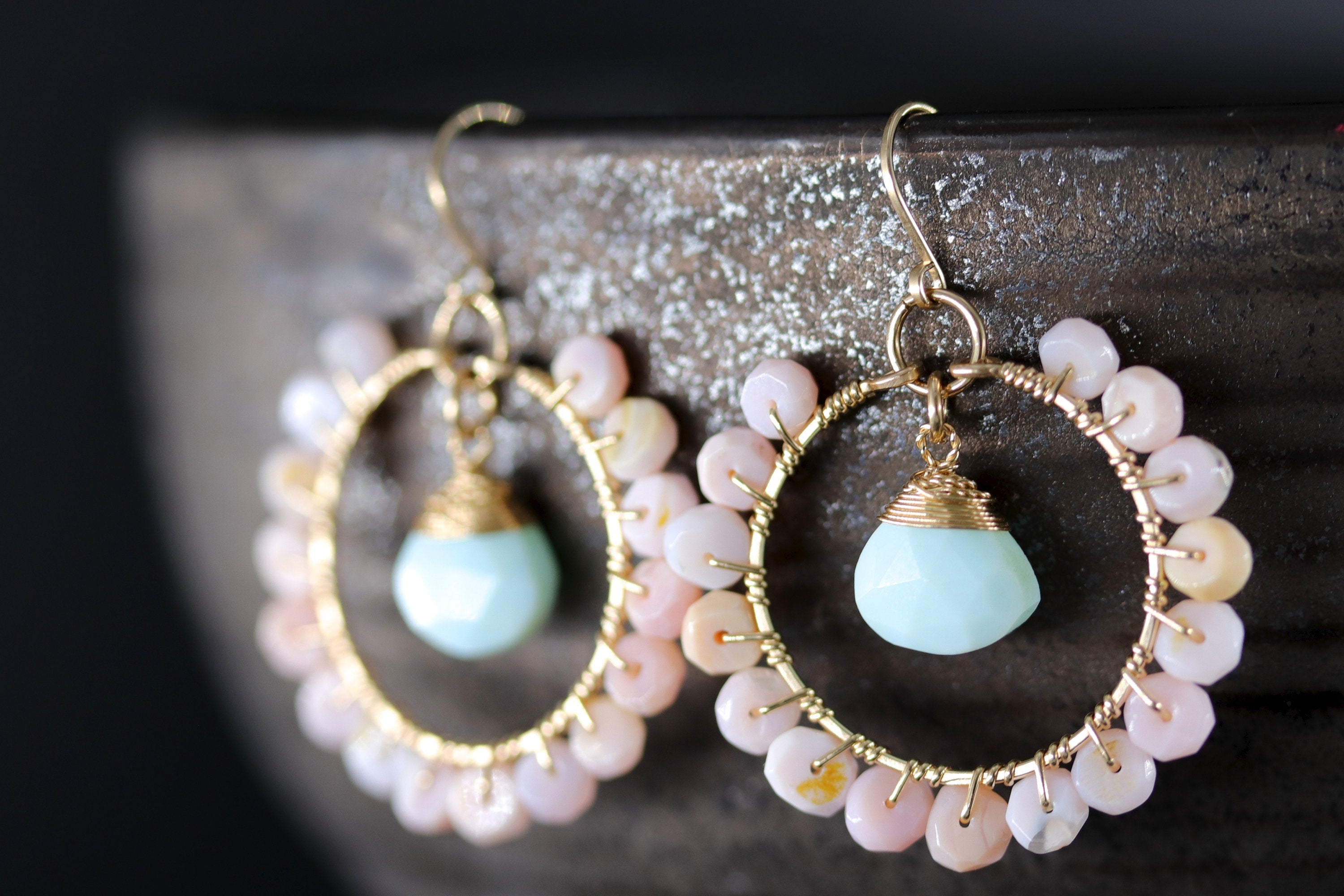 Blue Pink Opal Floral Hoop Gemstone Earrings, 14K Gold Filled Boho Chic Jewelry