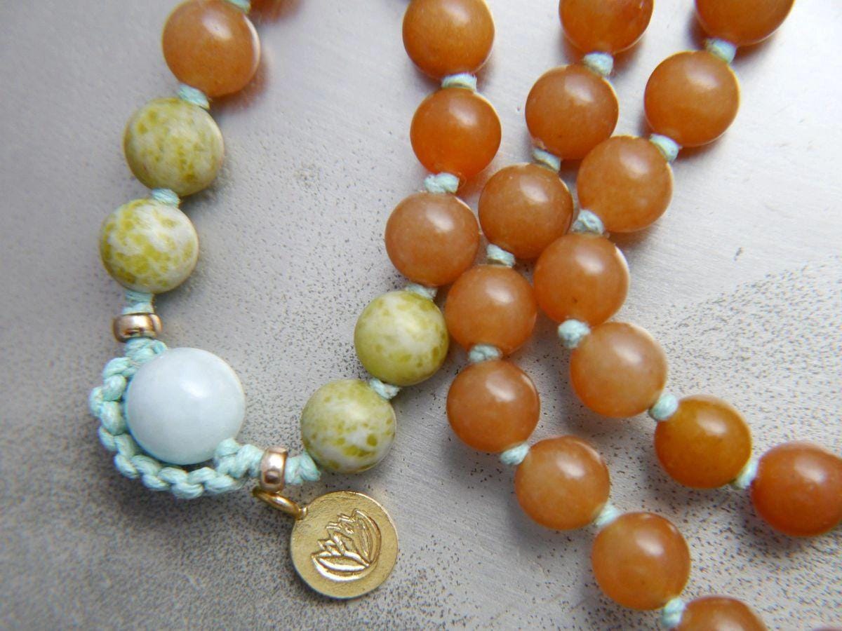 Red Aventurine, Green Peridot Serpentine Mala Beads, 108 Gemstone , Hand-Knotted