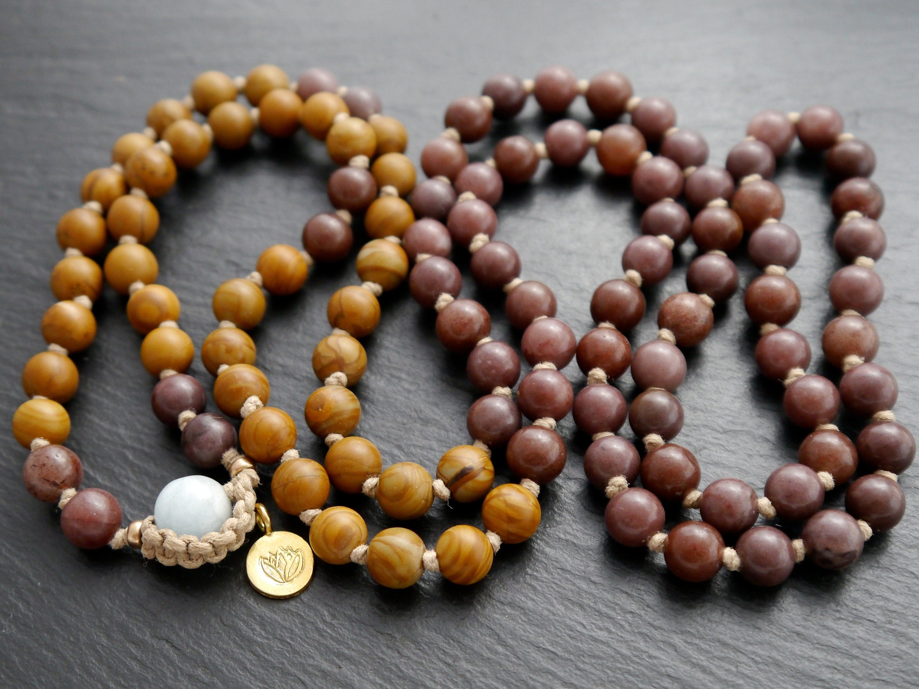 Brown Tigerskin Jasper Purple Aventurine Mala Beads, 108 Gemstone , Hand Knotted