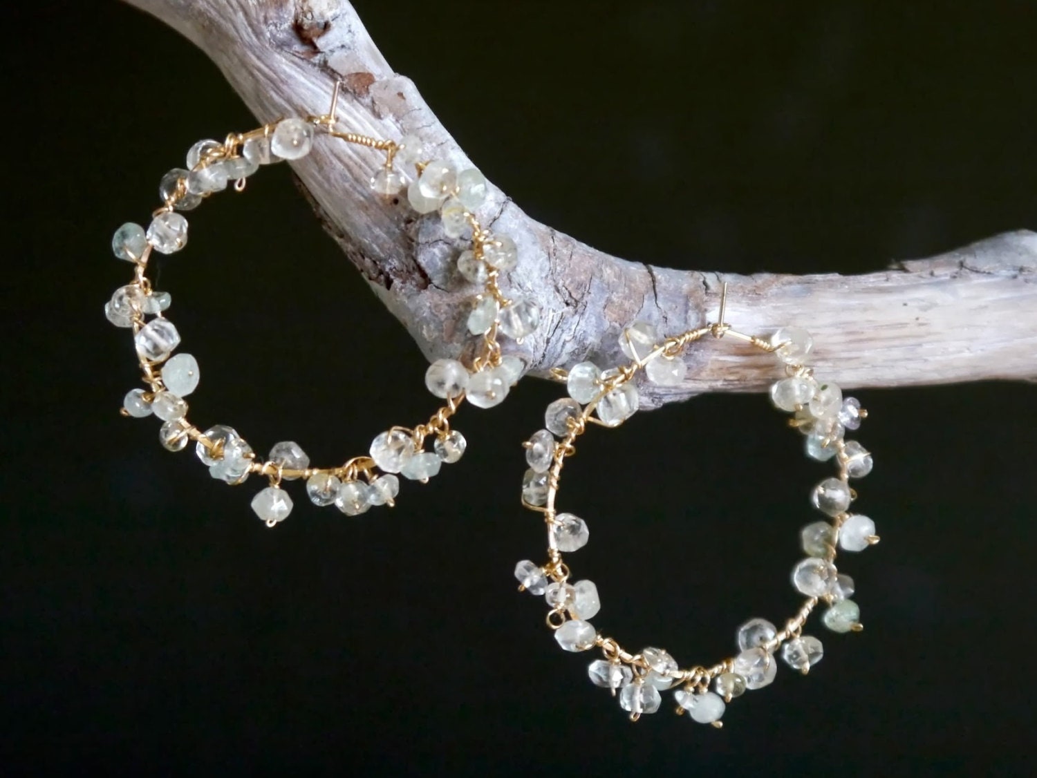 Boho Aquamarine Hoop Gemstone Earrings, 14K Gold Filled Coastal Wedding
