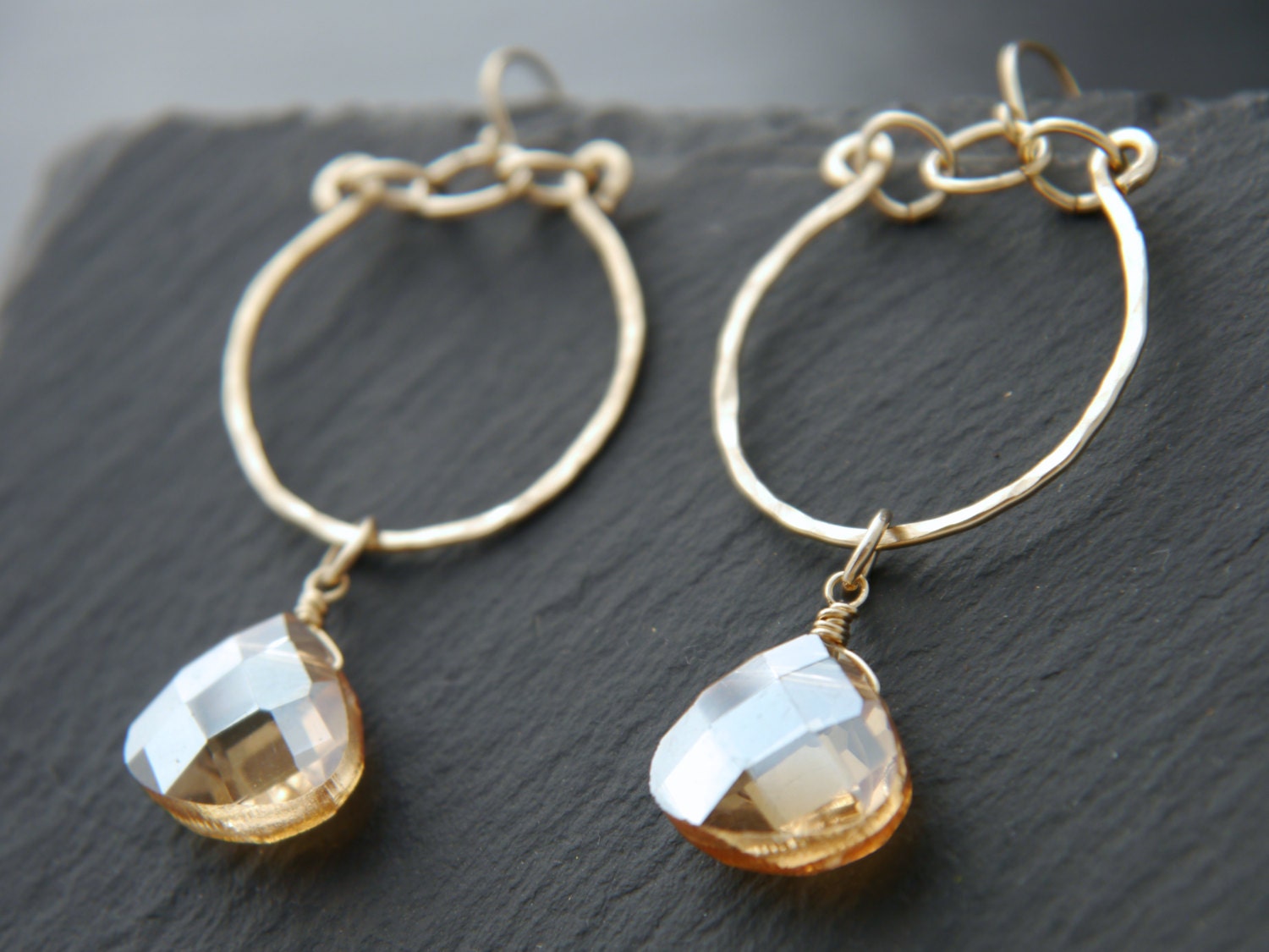 Champagne Crystal Briolette Hoop Gemstone Earrings, 14K Gold Filled Minimalist Style