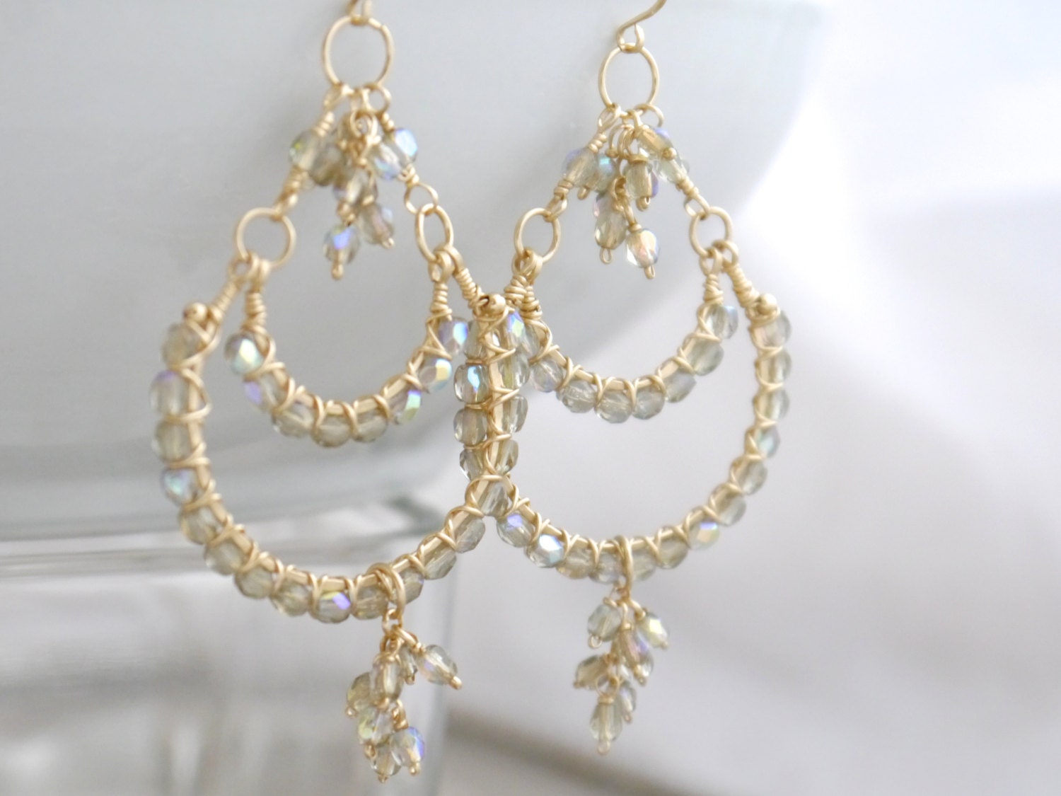 Grey Czech Glass Chandelier Gemstone Earrings, 14K Gold Filled Classic Bride