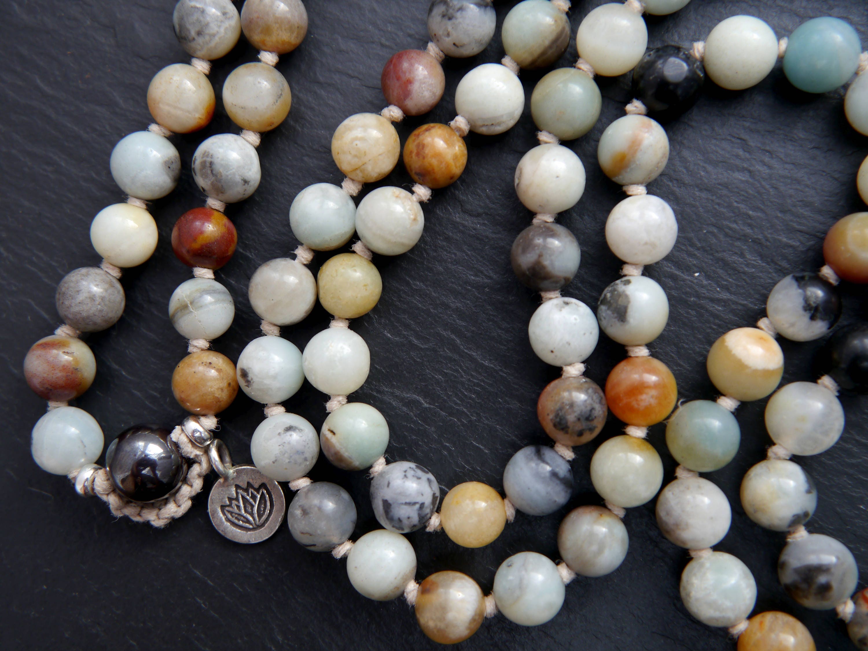 Multicolor Flower Amazonite Mala Beads, 108 Gemstone Beads, Wrap, Hand Knotted
