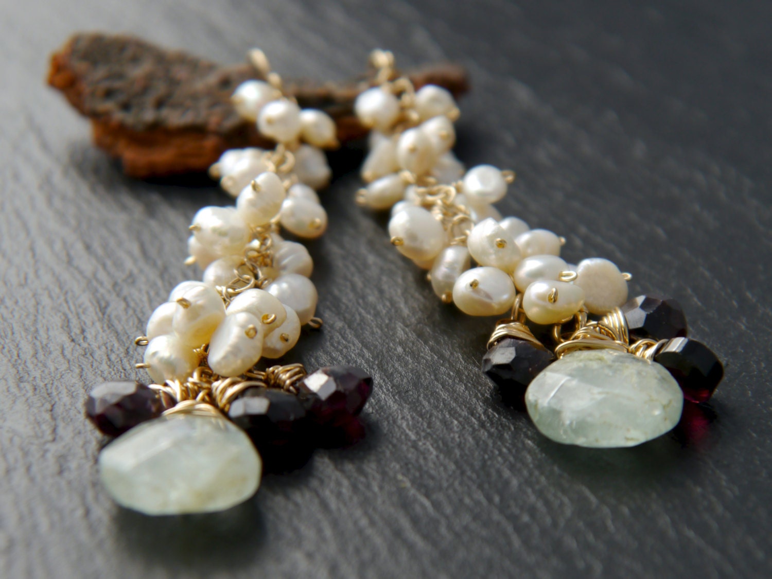 Aquamarine Garnet Pearl Cluster Long Dangle  Gemstone Earrings, 14K Gold Filled Bridal